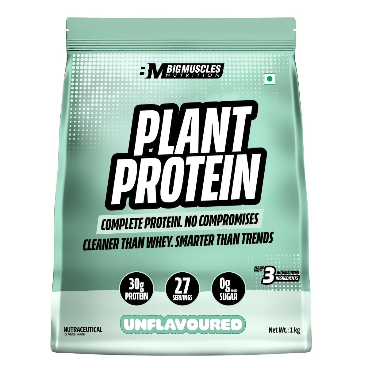 Bigmuscles Nutrition Clean Plant Protein | 30g Pea & Rice Protein Isolate Per Serve (1kg, Unflavoured) | Complete Amino Acid Profile | Easy Digestion & Non-Chalky