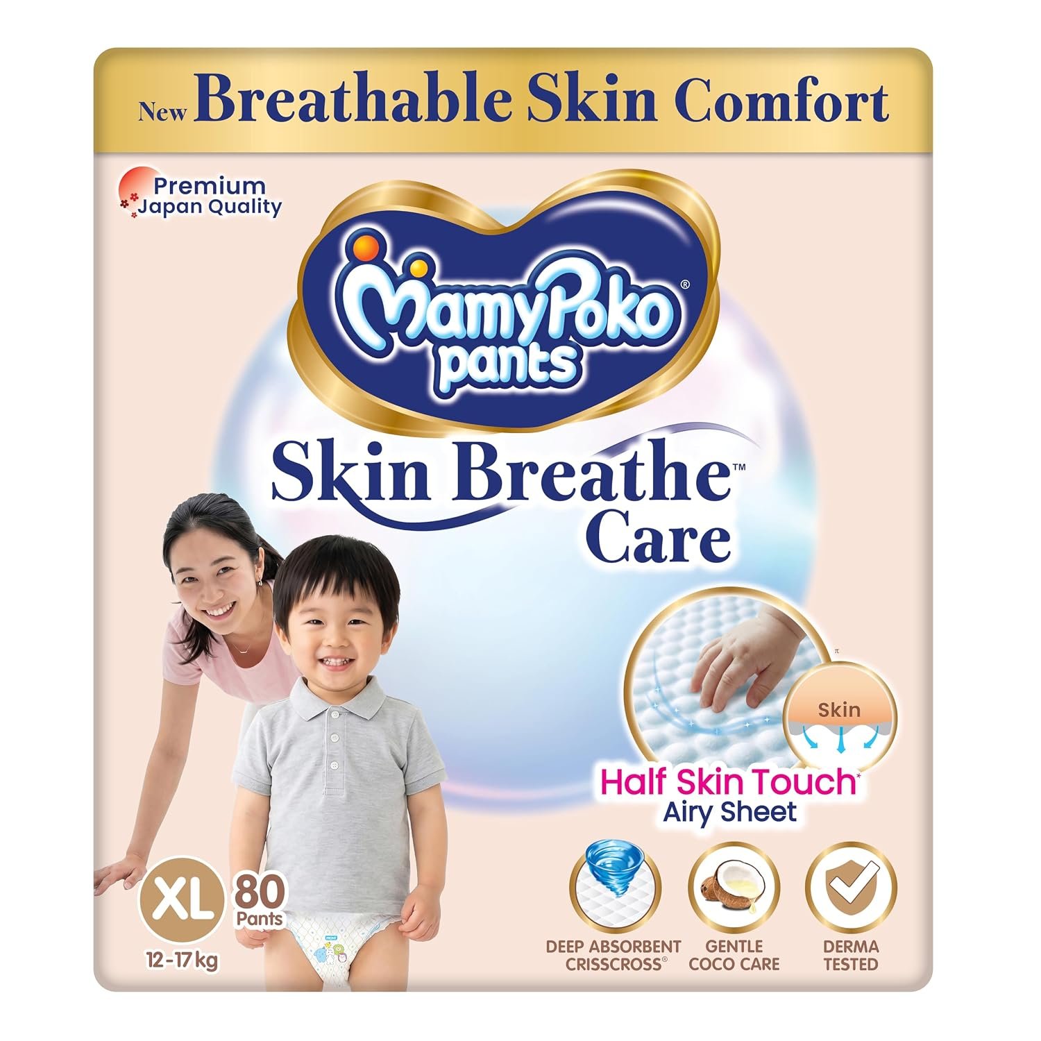 MamyPoko Pants Skin Breathe Care | Baby Diapers Extra Large Size (XL) | 80 Count | 12-17Kgs | Half Skin Touch Airy Sheet | 3X Breathable | Derma Tested