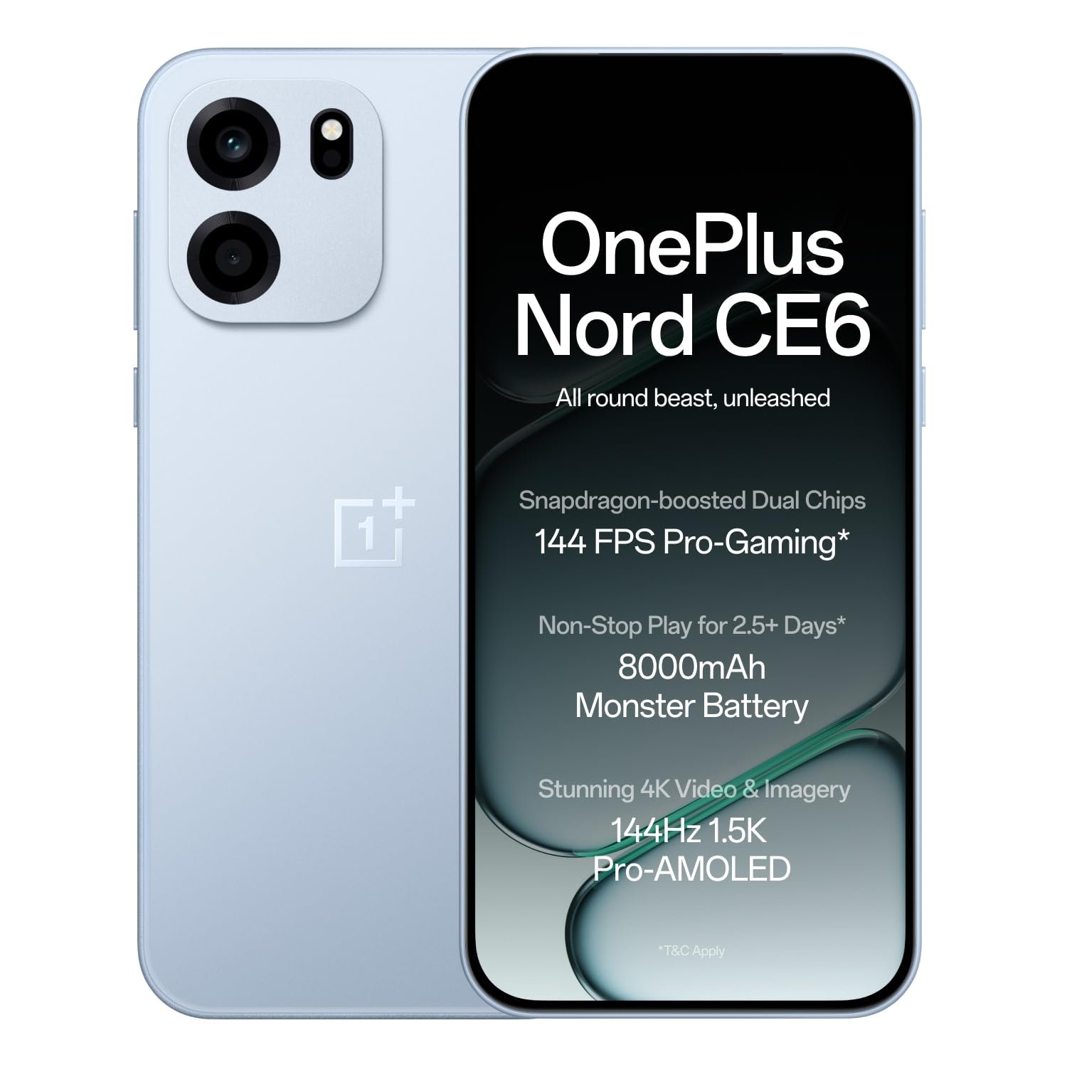 OnePlus Nord CE6 | 8GB+128GB | Fresh Blue | Snapdragon 7s Gen 4 | Segment's Fastest Touch Response | 8000mAh Battery | 144Hz 1.5K AMOLED Display | 50MP Main + 32MP Selfie 4K Cameras | IP66,68,69,6