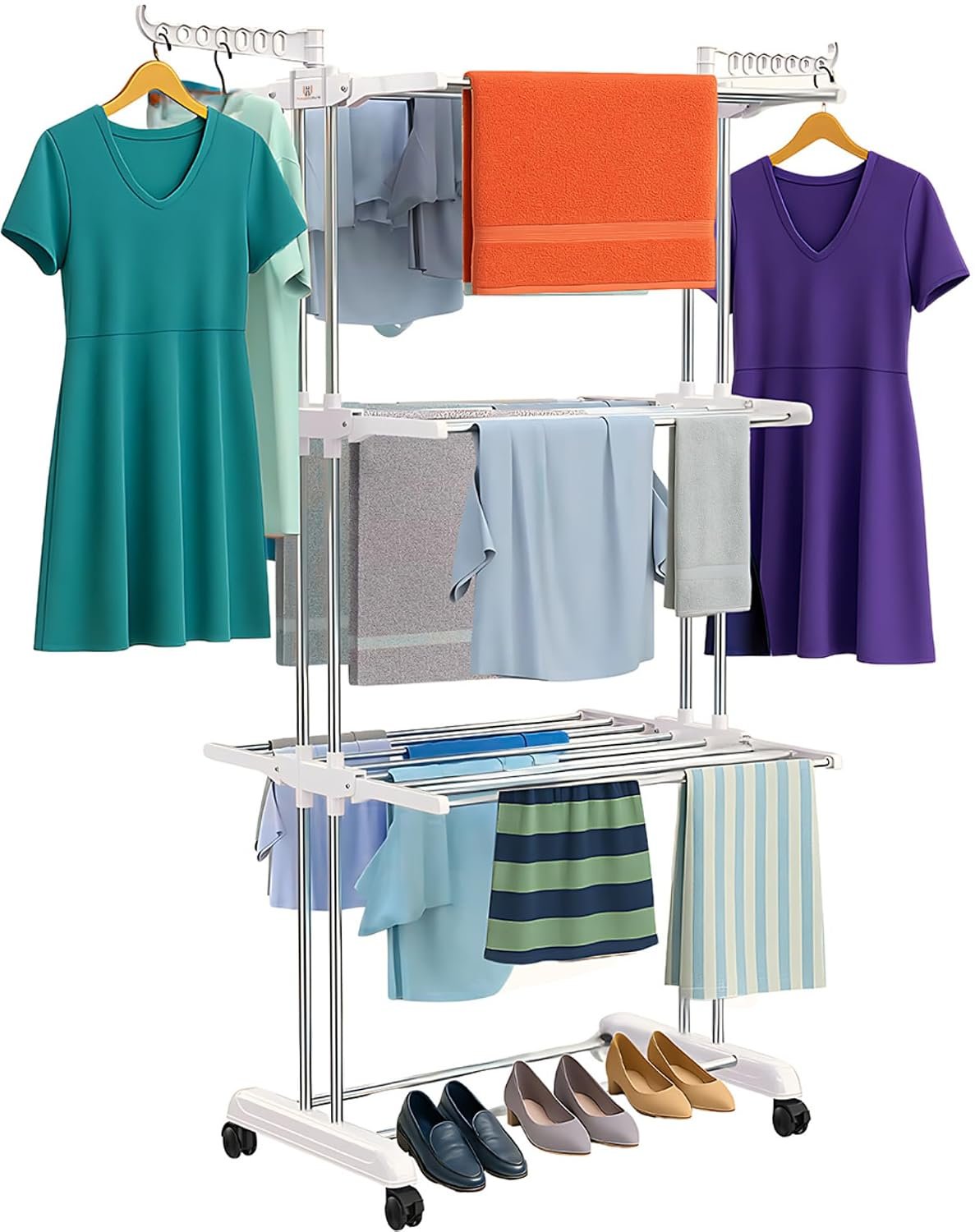 H Houseware Foldable Cloth Drying Stand 3 Tier Stainless Steel Laundry Rack with Wheels & Hanger Slots | Heavy Duty Clothes Dryer for Indoor Outdoor Use | Rust Proof Drying Stand 122 x 69 x 168 CM