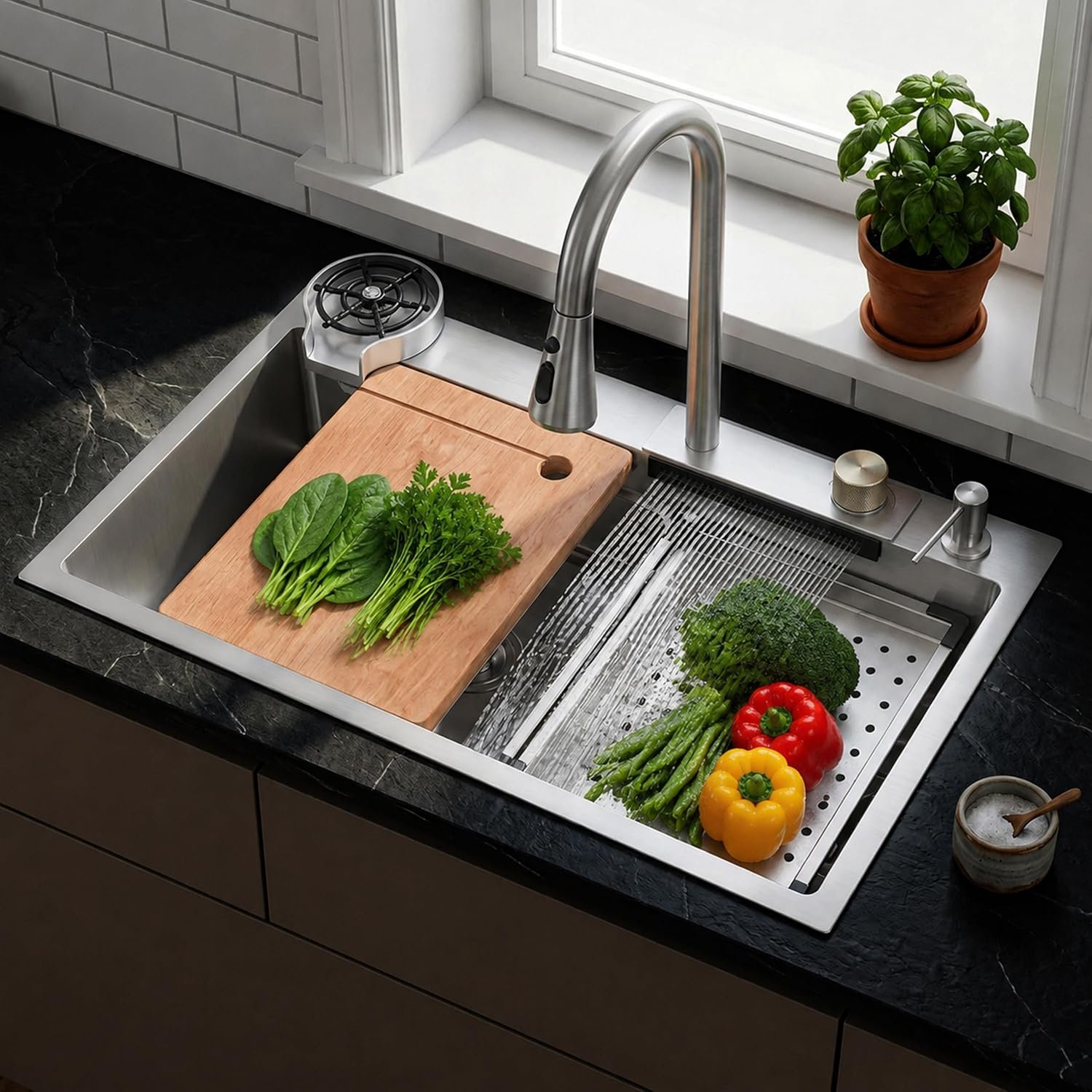 Plantex Kitchen Sink for Home/304 Grade Stainless Steel Waterfall Kitchen Sink with Anti-Scratch Design/Sink with Pull-Down Faucet - (30x18x10 Inch, Matt)
