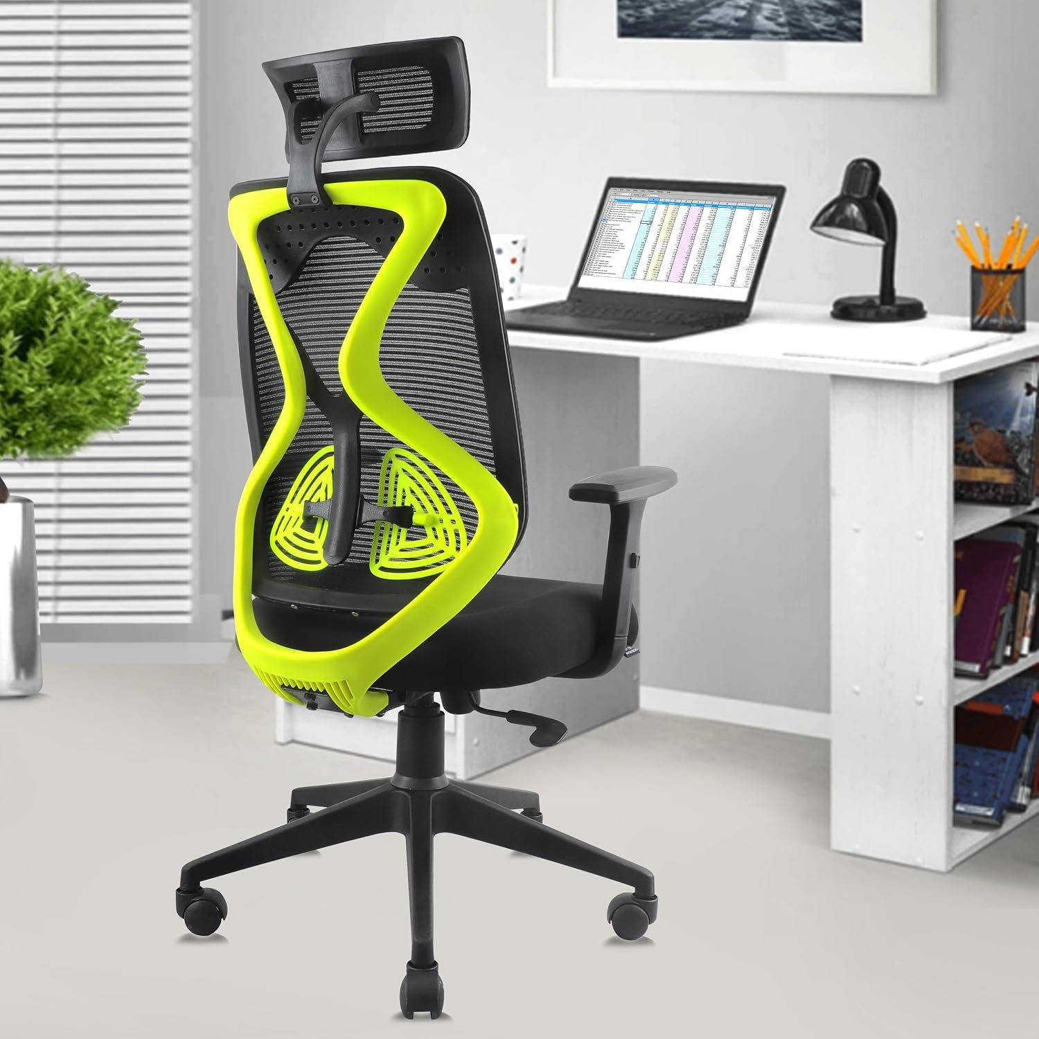 ASTRIDE Ergofit Ergonomic Office Chair for Home | 3-Years Warranty | 2D Headrest, Adjustable Arms & Lumbar Support | Tilt Lock Mechanism [Heavy Duty Nylon Base, Neon Green-Black]