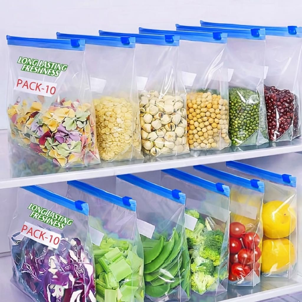 Plastic Zip Lock Reusable Slider Zipper Transparent Bag For Food Storage,Fruit Vegetable Freeze Storage Pouch Bags, Ziplock Bags Best For Fridge Storage 9 x 10 inch (10, Blue)