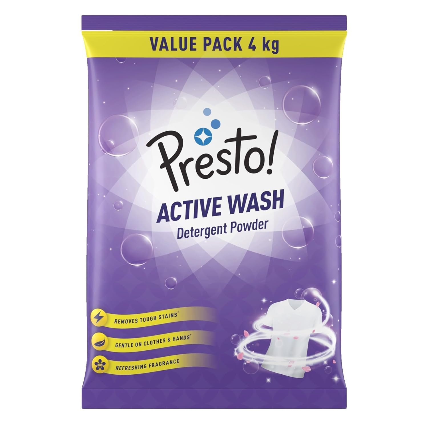 Amazon Brand - Presto! Active Wash Detergent Powder | 4 Kg | Tough On Stains | Gentle On Fabrics | Colour-Safe | Refreshing Fragrance | Machine And Hand Wash