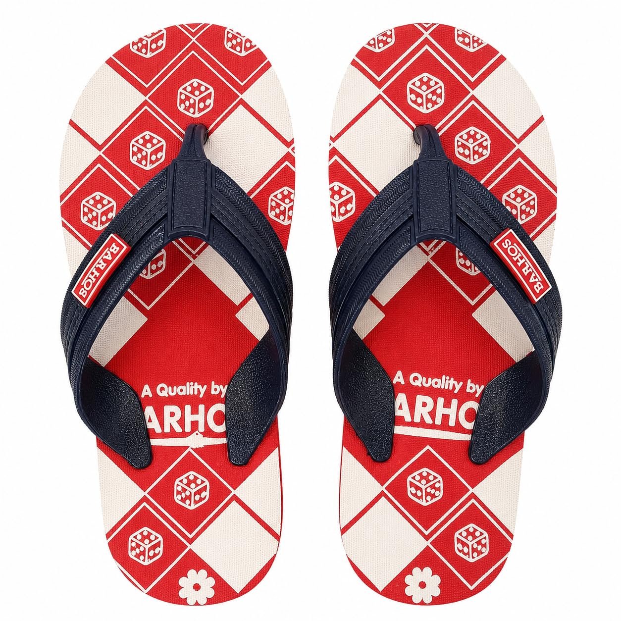 BARHOS Men's Printed Flip Flops Comfortable Casual Lightweight Slippers | Casual Slippers, Dice Print Design, Navy Blue Straps, Non-Slip Sole, Comfortable Fit