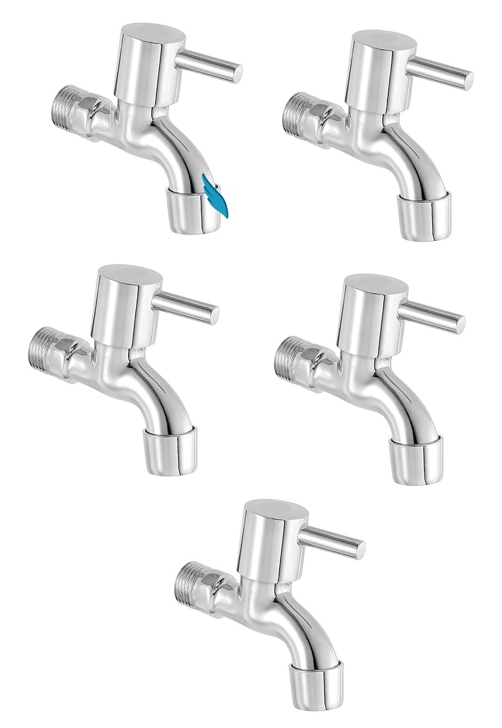 Stainless Steel Base Bib Cock Water Tap – 1/2", 15mm – ABS Plastic Head Faucet for Kitchen, Bathroom & Wash Basin – Hot & Cold Water Compatible – Set of 5 (Silver)