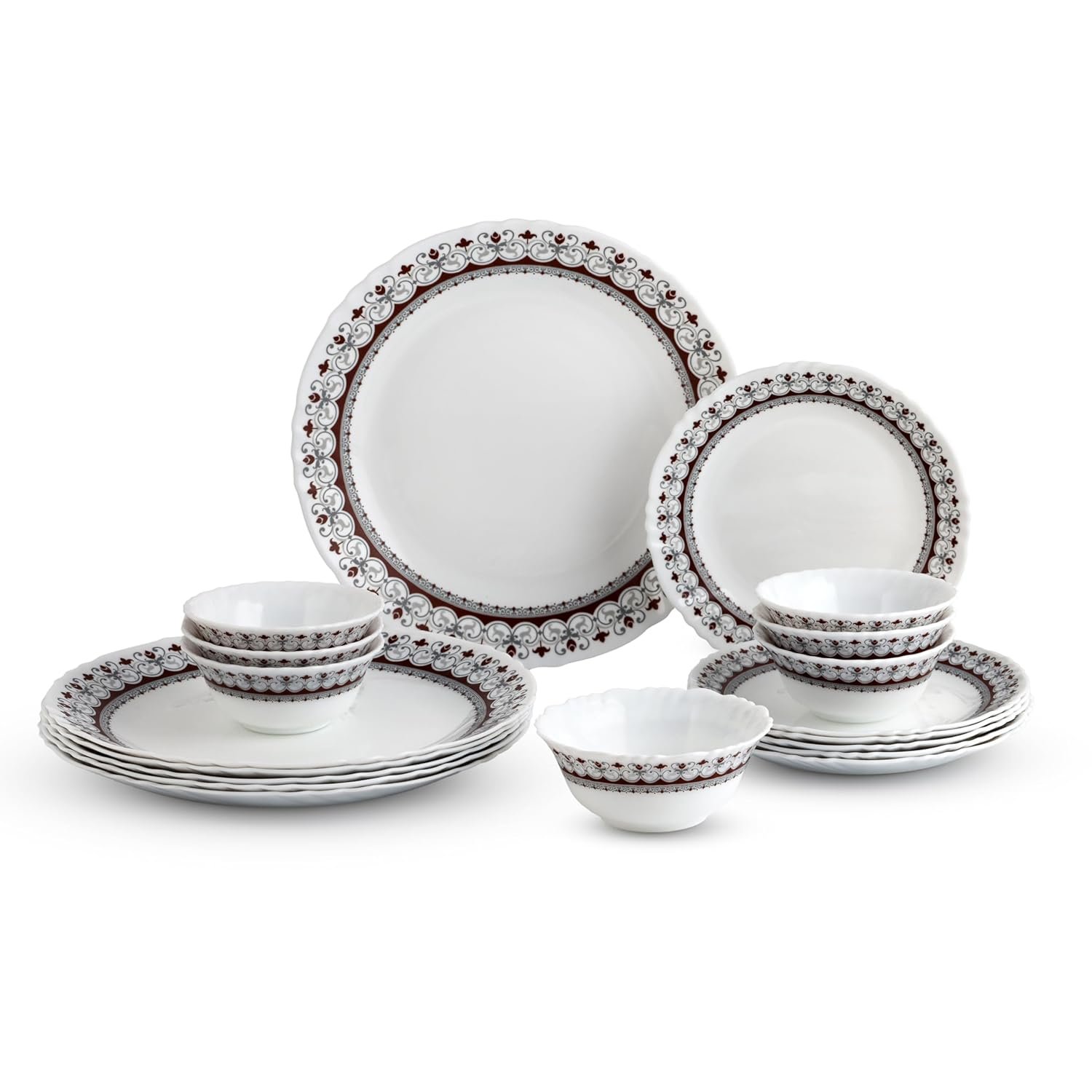 CELLO Lumina Imperial Plus Series Opalware Dinner Set of 19 Pieces For Family of 6 | Bone-Ash Free & Leadfree Opal Glass Microwave & Dishwasher Safe Crockery Plates & Bowls Set For Daily U