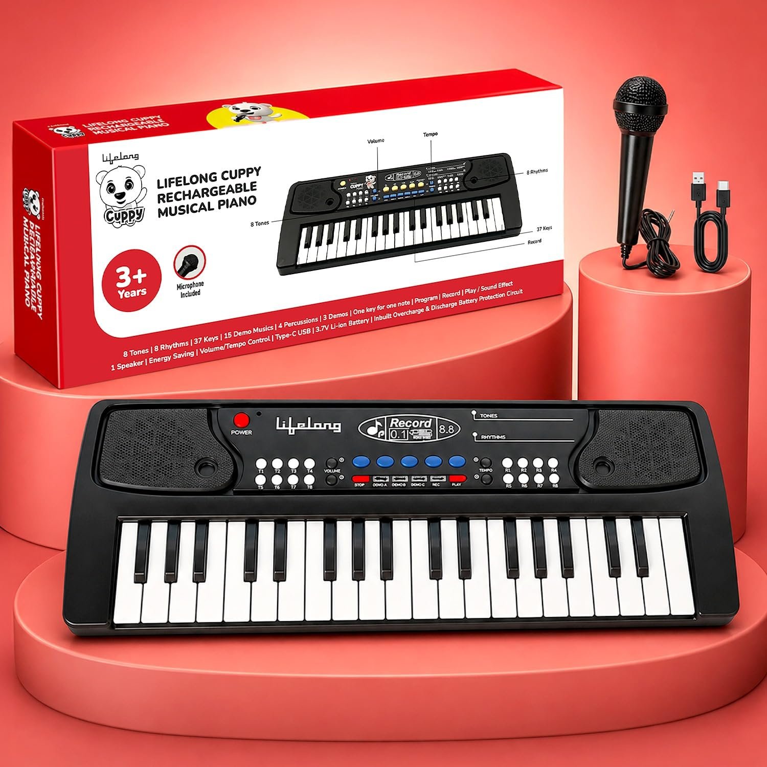 Lifelong Wireless Rechargeable Piano Keyboard for Kids with Mic, Single Speaker, 37 Keys Portable Keyboard Piano, Type C Charging, Long Battery Life Keyboard Gift for 2-8 Yrs, 1 Yr Warranty (LLCKMP03)