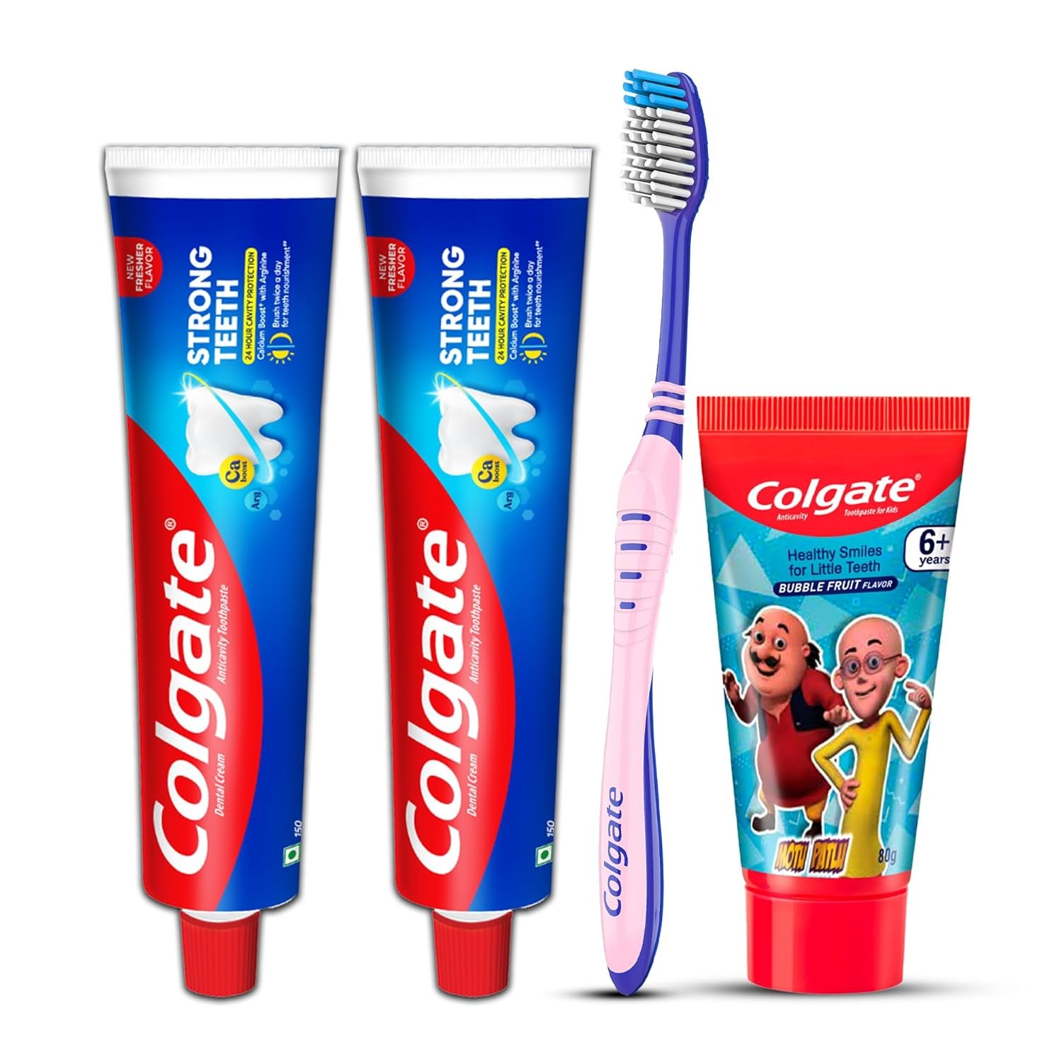 Colgate Strong Teeth Toothpaste, 300g, Bubblefruit Toothpaste for Kids (6+ years) 80g and Toothbrush (Combo Family Pack Offer)