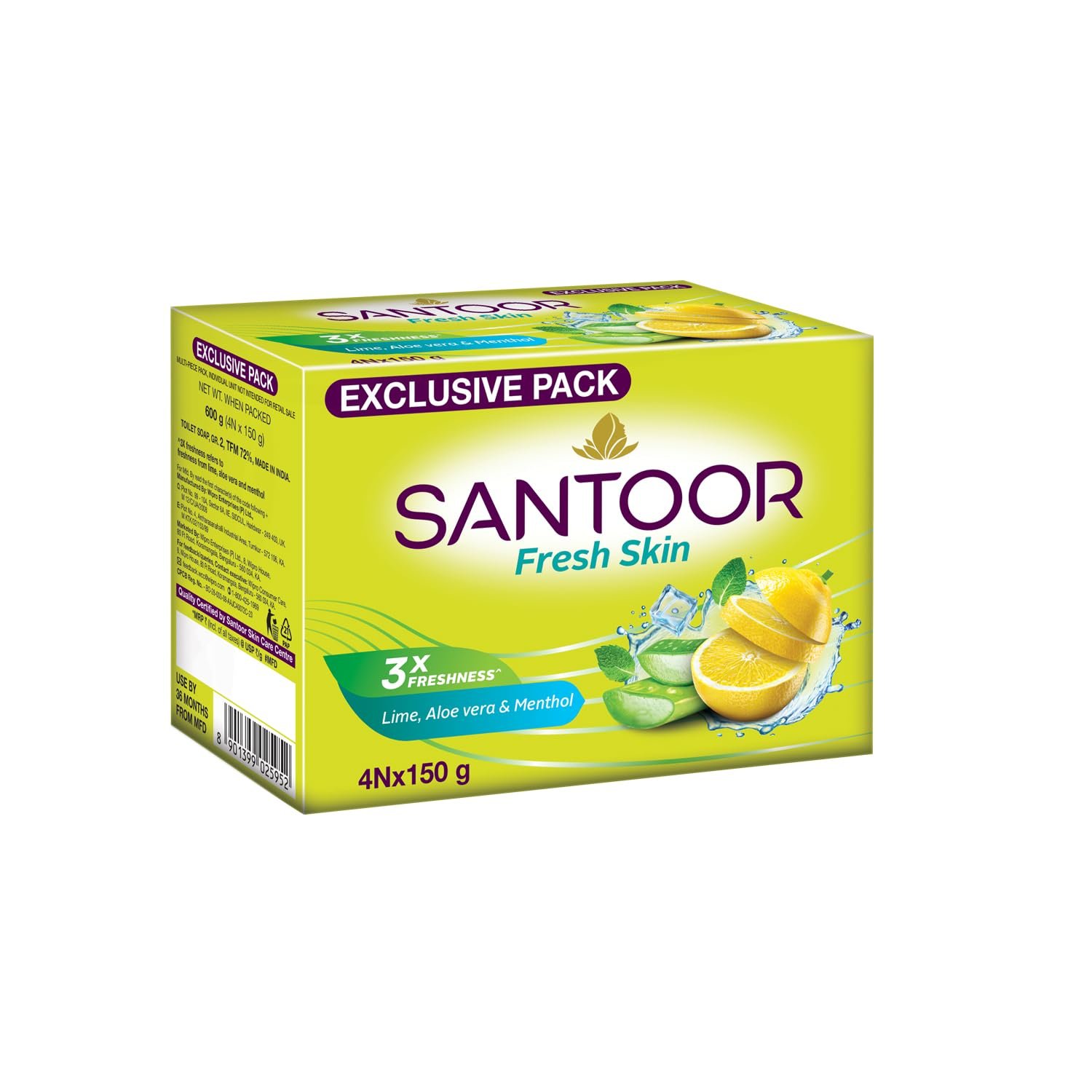 Santoor Fresh Skin Bathing Soap with Lime, Aloe vera & Menthol|Experience 3X Freshness Like Never Before|For All skin Type|150G, pack of 4