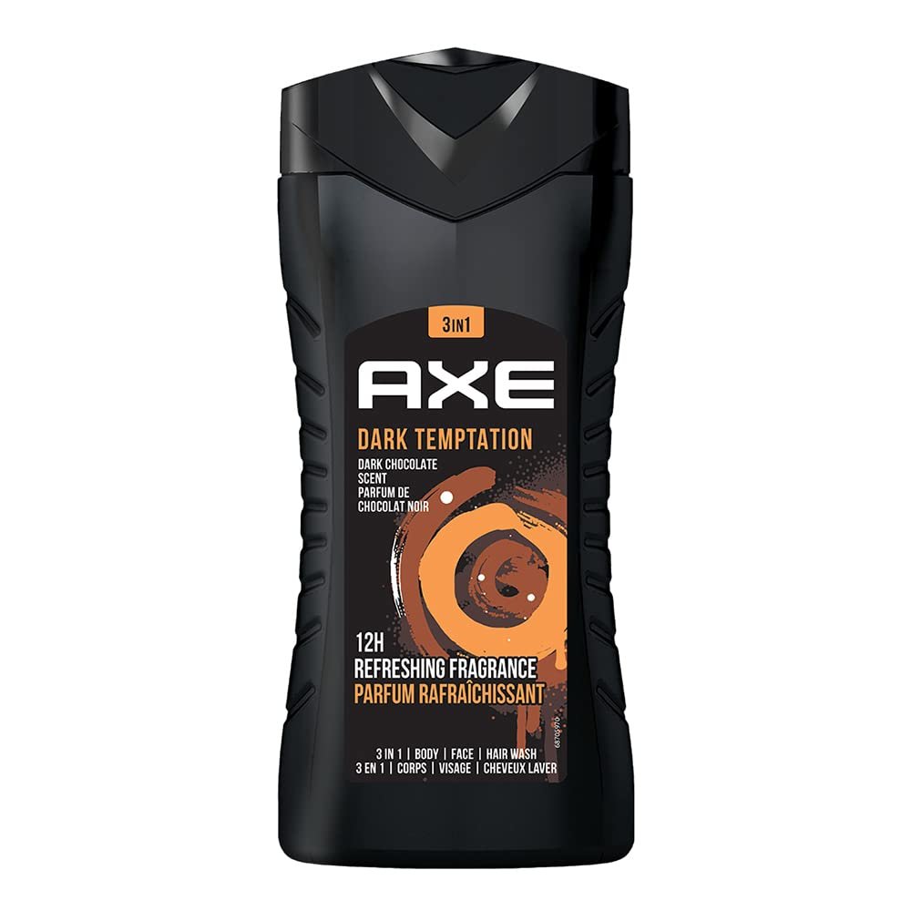 Axe Dark Temptation 3 In 1 Body, Face & Hair Wash for Men, Long-Lasting Refreshing Dark Chocolate Fragrance for Up To 12hrs, Natural Origin Ingredients, Removes Odor & Bacteria, No Parabens, D