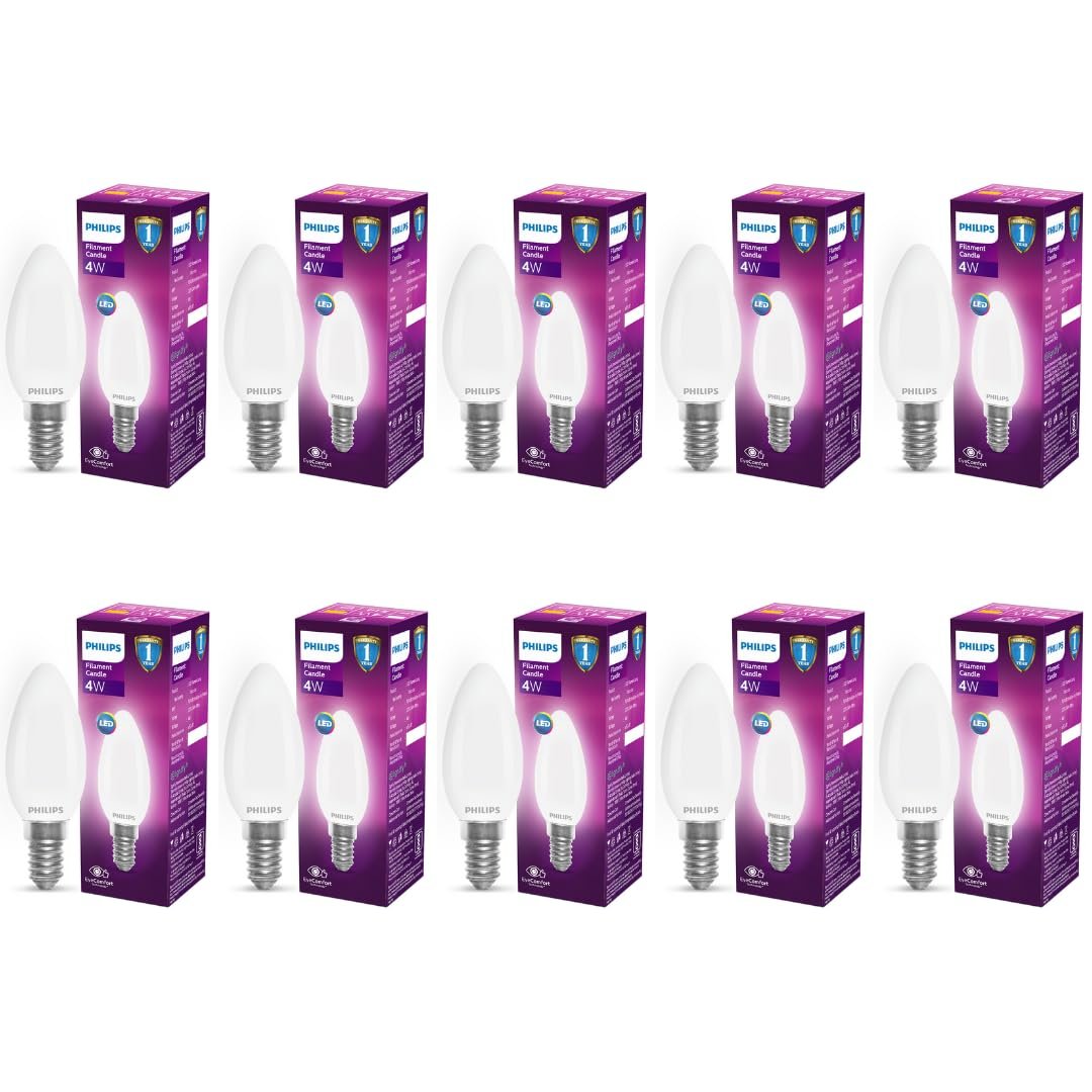 Philips 4-Watt 400-lumen Frosted Candle E14 Base (Cool White, Pack of 10) - Decorative, Ambience for Chandeliers, Wall Lights, Desk Lamps, Floor Lamps