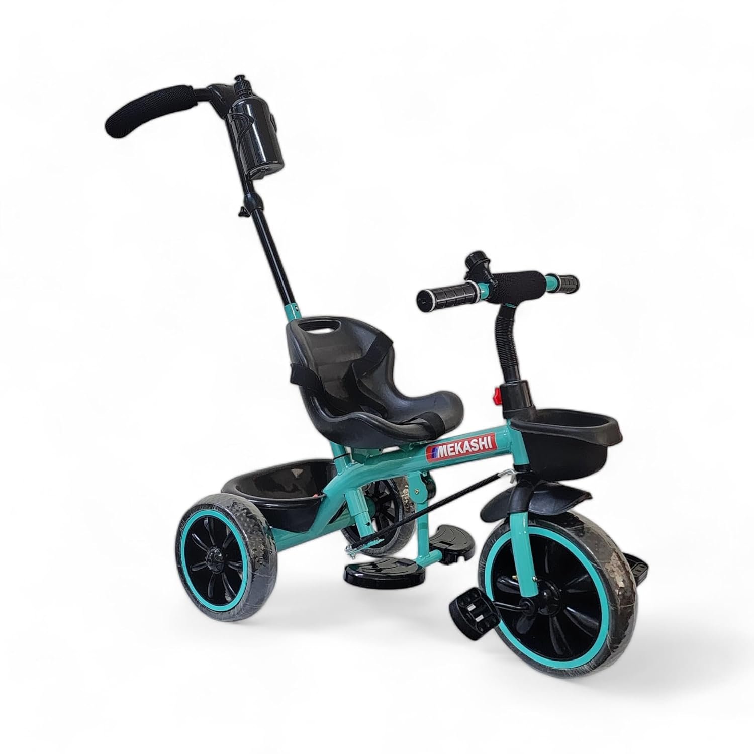 MEKASHI Kids Tricycle for 1–6 Years with Parent Push Handle, EVA Wheels, Safety Guard, Front & Rear Storage Basket, Footrest, Bottle Holder, Sea Green