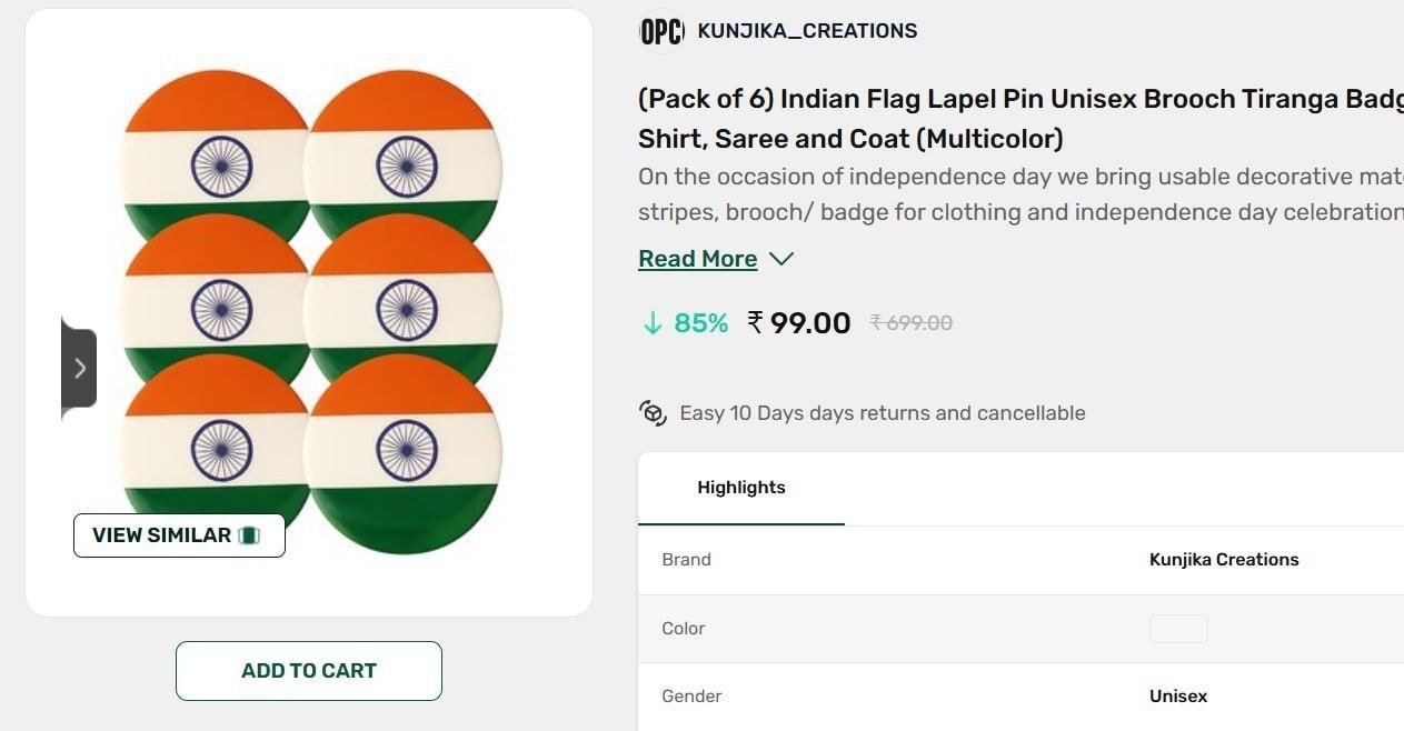 (Pack of 6) Indian Flag Lapel Pin Unisex Brooch Tiranga Badge For Shirts, T-Shirt, Saree and Coat (Multicolor)