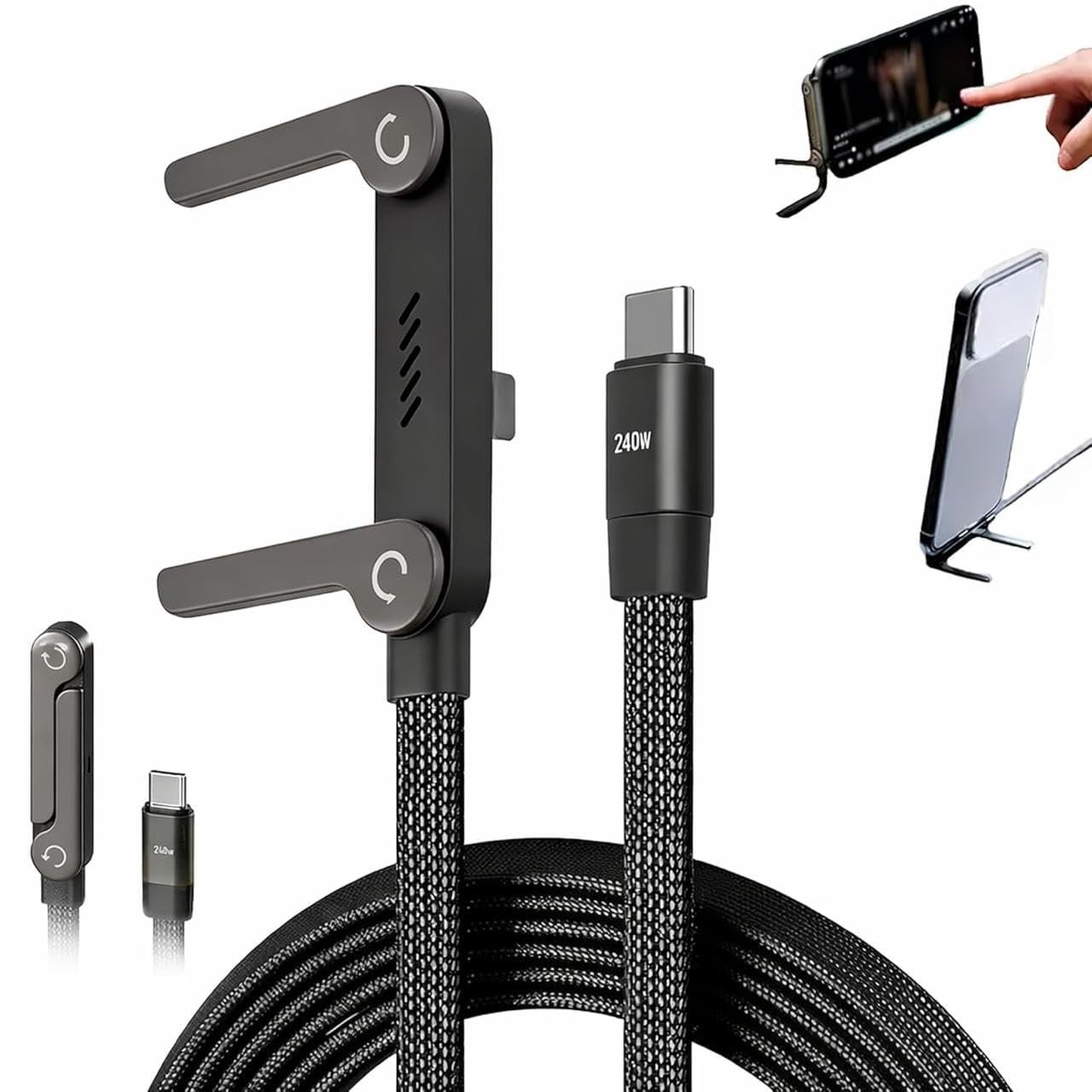 240W USB-C to USB-C Holder Charging Cable with Foldable Adjustable Metal Phone Stand, 4.9 FT Fast Charging Cable, 360° Rotating Invisible Desk Holder for Gaming, Office, Home & Video Calls