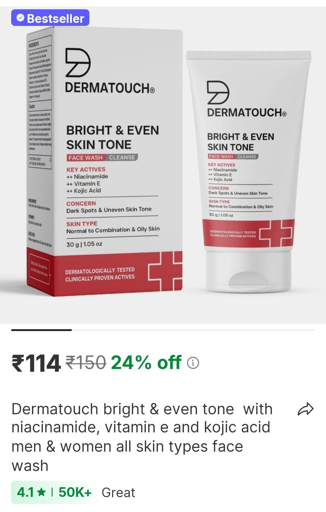 DERMATOUCH Bright & Even Tone  with Niacinamide, Vitamin E and Kojic Acid Men & Women All Skin Types Face Wash Price in India - Buy DERMATOUCH Bright & Even Tone  with Niacinamide, Vitamin