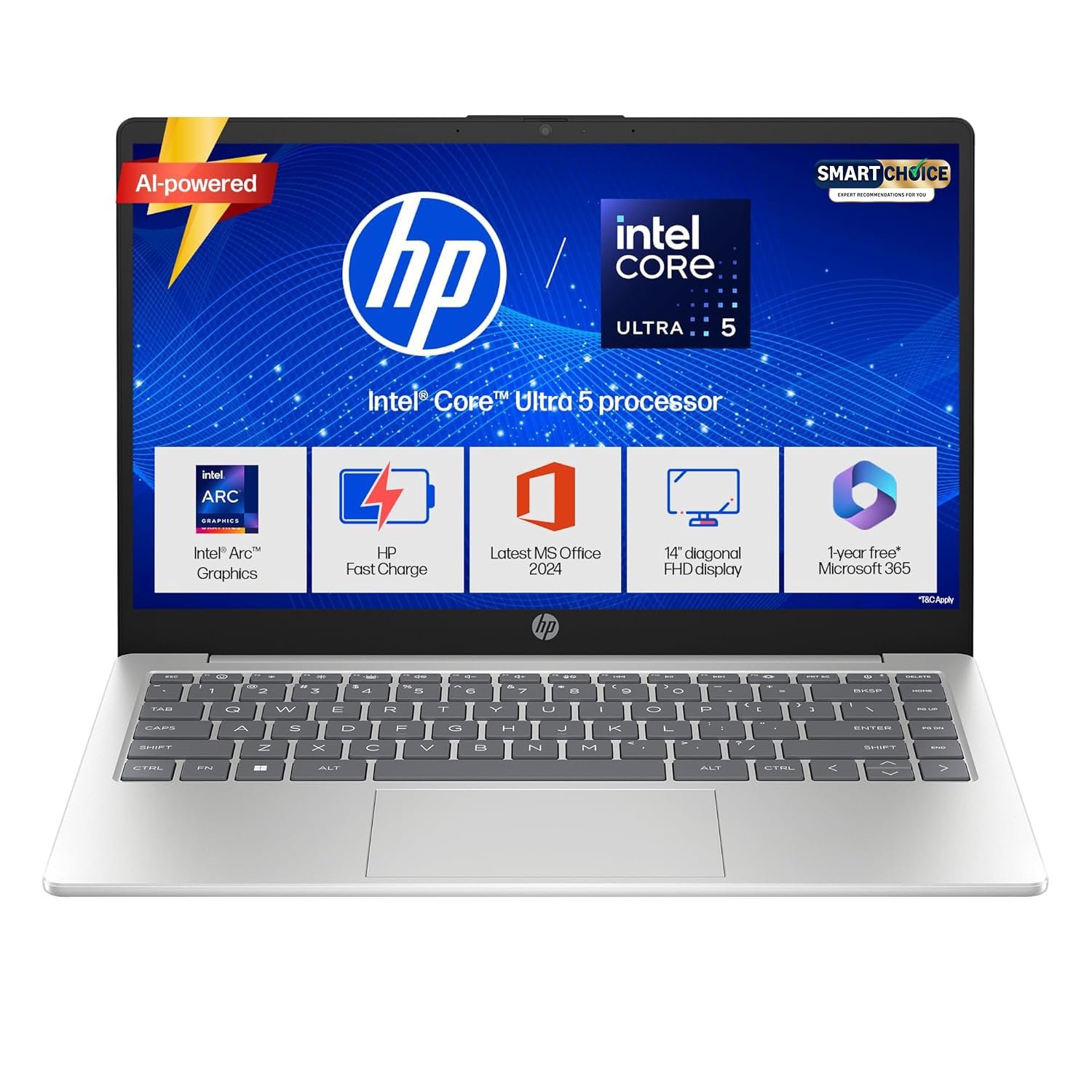 HP 14 Smartchoice, Intel Core Ultra 5 125H 12 TOPS, 24GB DDR5 (Upgradeable) 1TB SSD, Anti-Glare, FHD, 14''/35.6cm,Win11, M365*Office24, Silver, 1.4kg, ep1180tu, FHD Camera w/Shutter, Backlit A