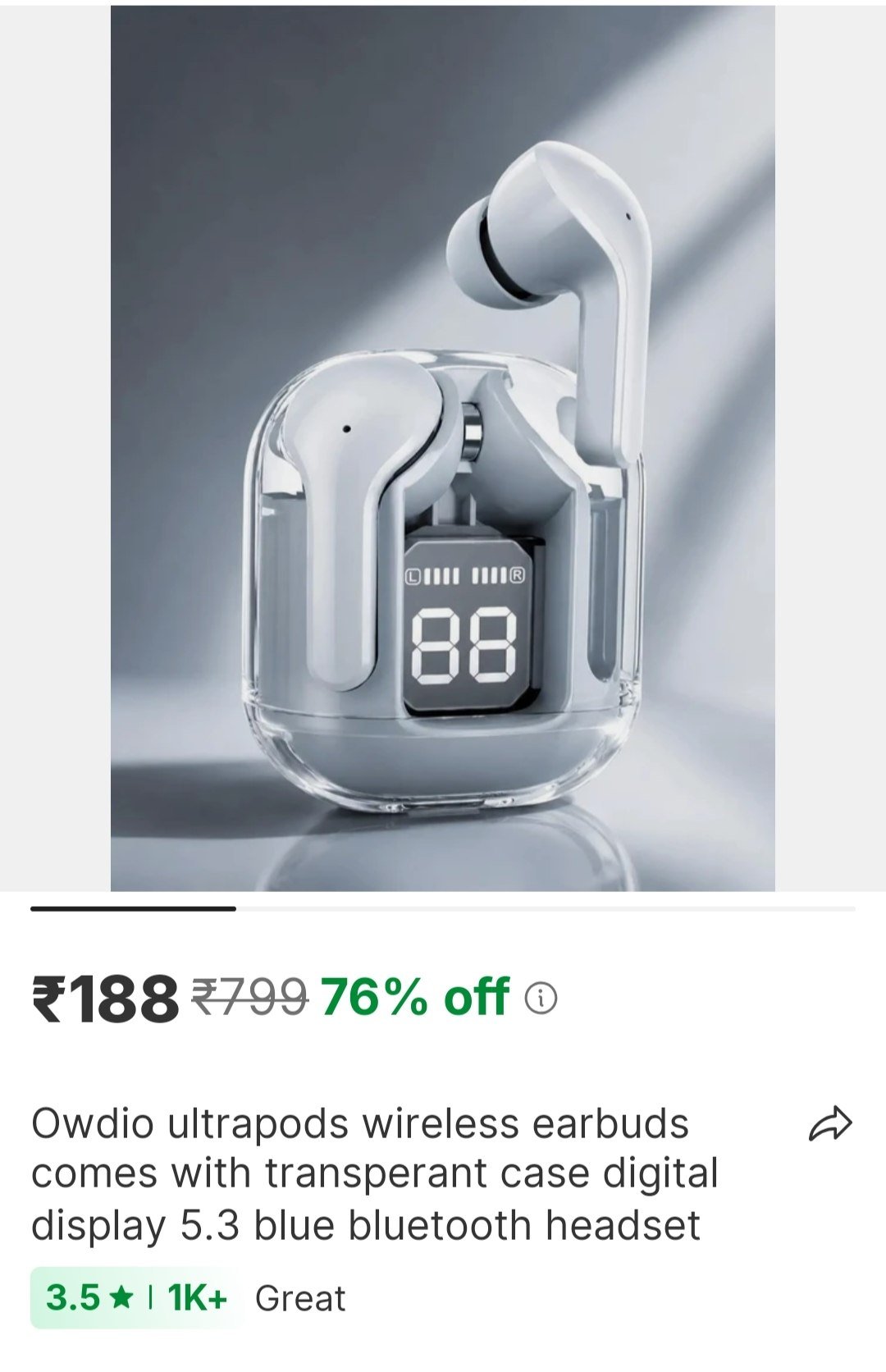 OWDIO Ultrapods Wireless Earbuds Comes with transperant case Digital Display 5.3 BLUE Bluetooth Headset Price in India - Buy OWDIO Ultrapods Wireless Earbuds Comes with transperant case Digital Displa