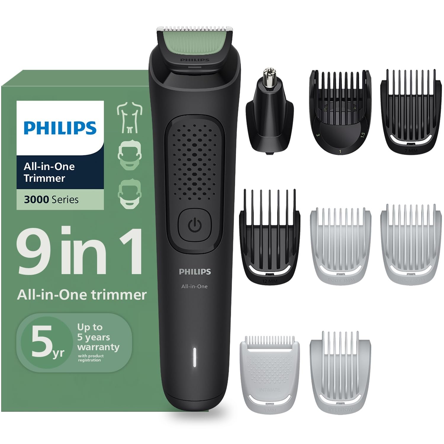 Philips India's No.1 Men's Trimmer* | One stroke beard trimming | All-in-One Grooming Kit- Face, Hair, Body | Ear/Nose attachment | Safe for Sensitive Skin | 60 mins runtime | 5yr warranty* | 