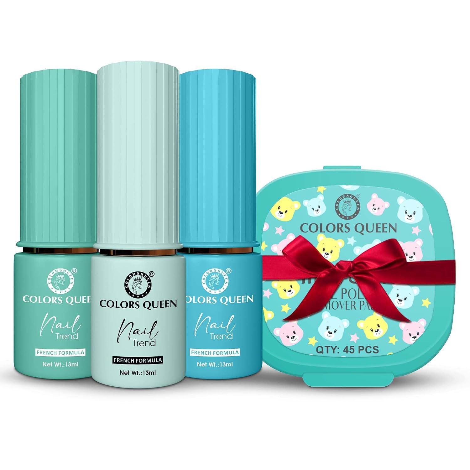 Colors Queen Nail Trend Glossy Nail Paint Combo Set of 3 with Free Nail Paint Remover Wipes - 45 pcs| Long Lasting & Vibrant Nail Paint for Women (Tranquil Aqua, Open Sky, Freeze Please, 39ml)