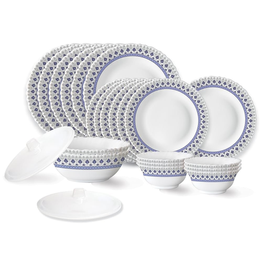 Larah by Borosil Ocean Fluted Series Opalware Dinner Set | 23 Pieces for Family of 6 | Microwave & Dishwasher Safe | Bone-Ash Free | Crockery Set for Dining & Gifting | Plates & Bowls | Wh