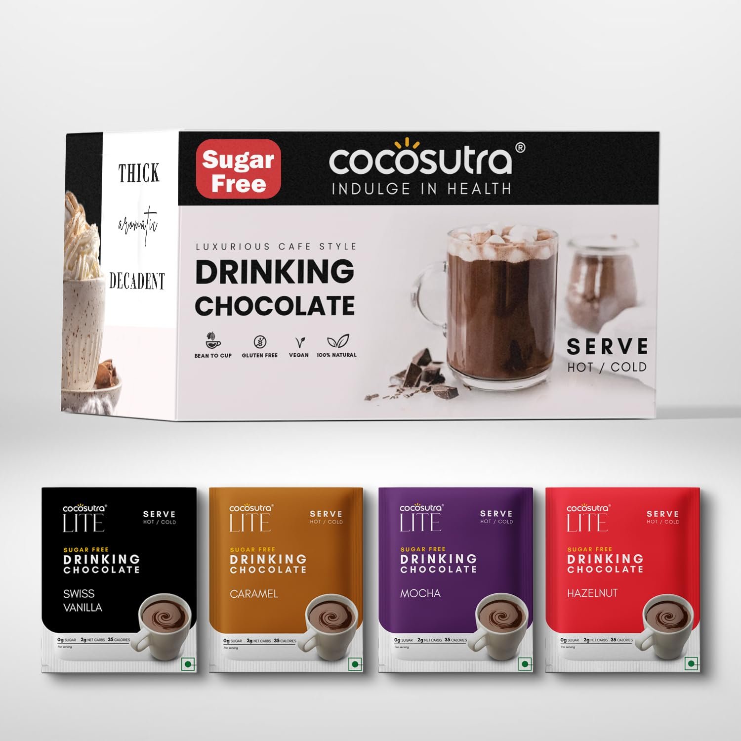 COCOSUTRA Sugar-Free Drinking Chocolate Mix | 20 Single-Serve Sachets (20g Each) | 4 Flavours x 5 Sachets Each - Swiss Vanilla, Mocha, Caramel & Hazelnut | Zero Sugar | Low Carb | Sweetened with S