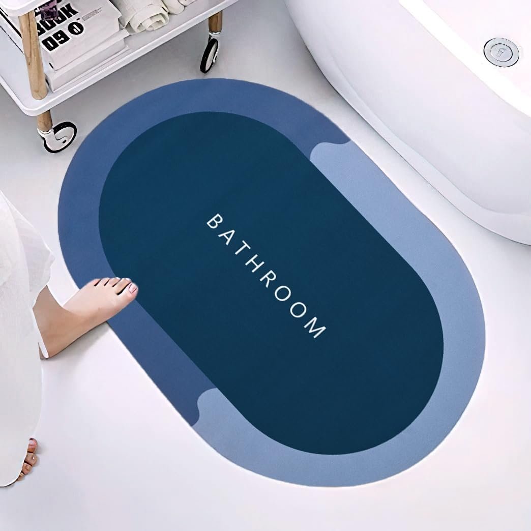 Water Bath mat | Anti-Slip Design, 4-Layer Construction, Recycled Sponge Layer, Blue Oval Shape, Bathroom Floor Rug