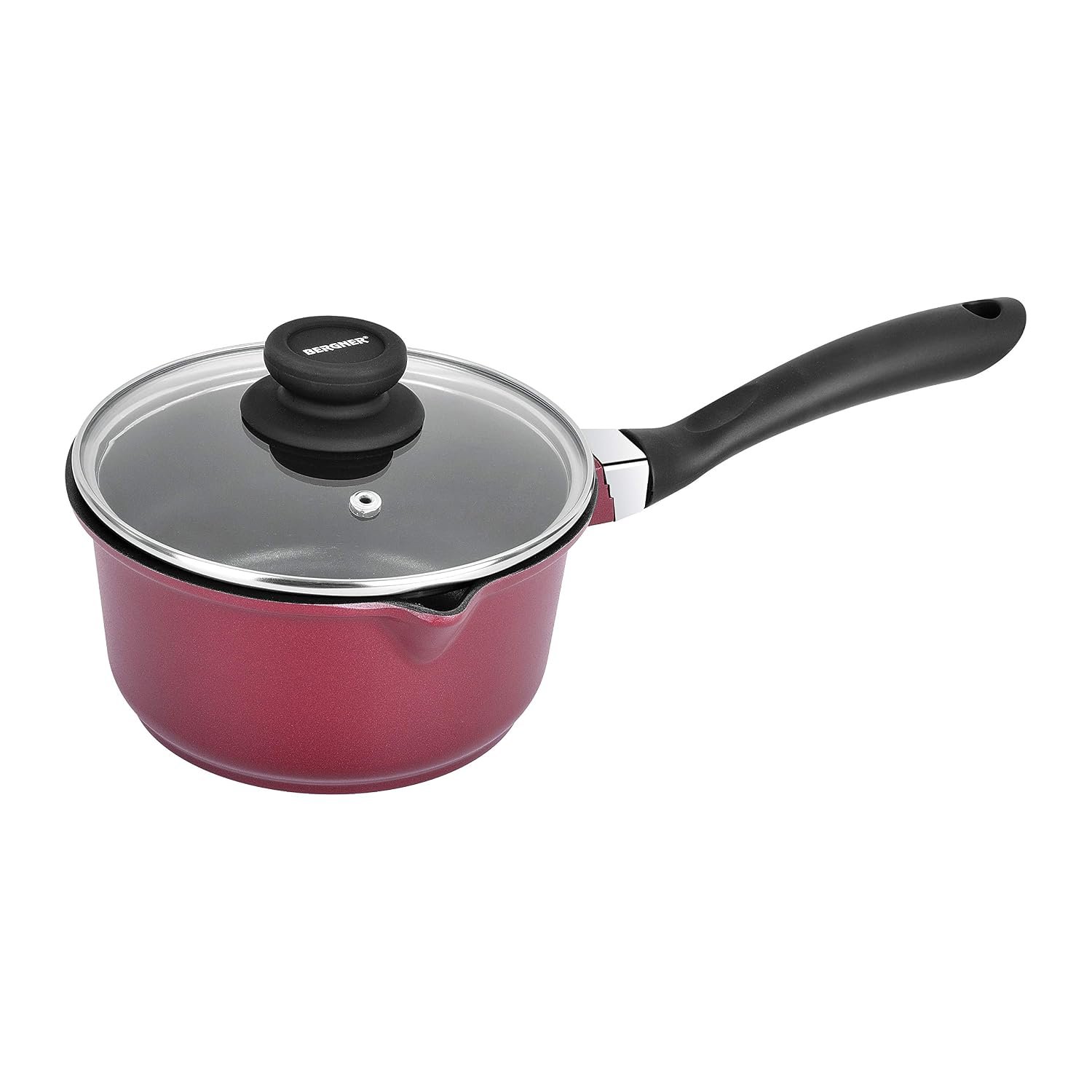 Bergner Scarlett Cast Aluminium Non-Stick Saucepan with Glass Lid, 16 cm, 1.35 litres, Induction Base, Maroon