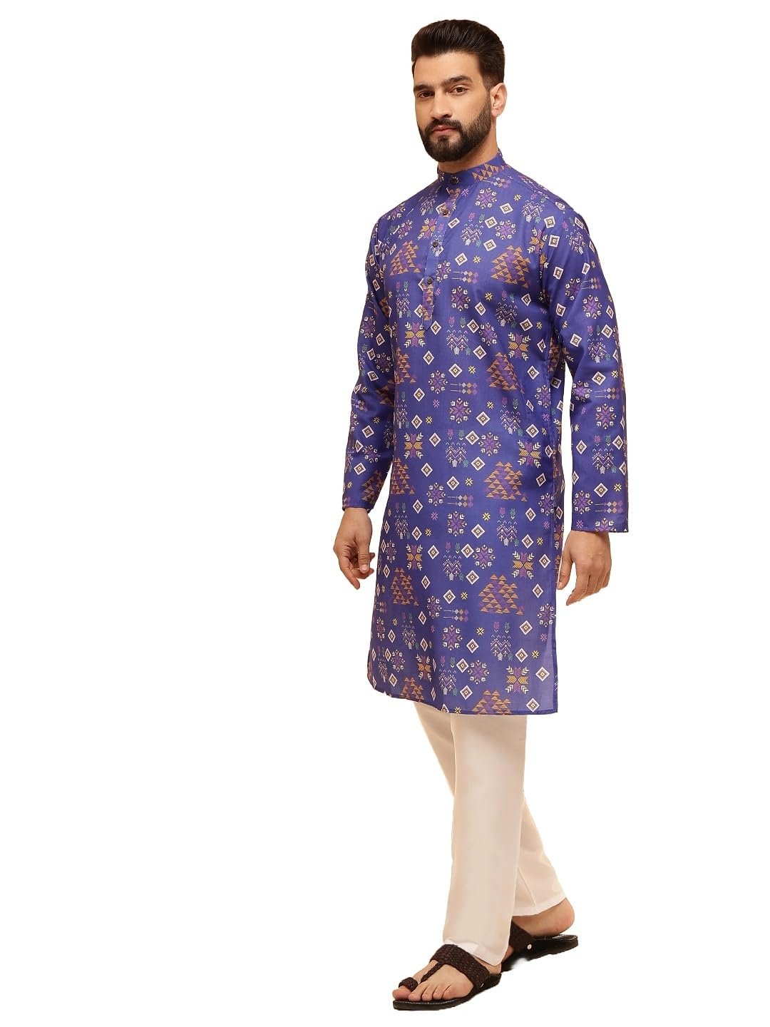 SOJANYA Men's Multicolor Green Artistic Geometric Print Ethnic Wear Cotton Kurta