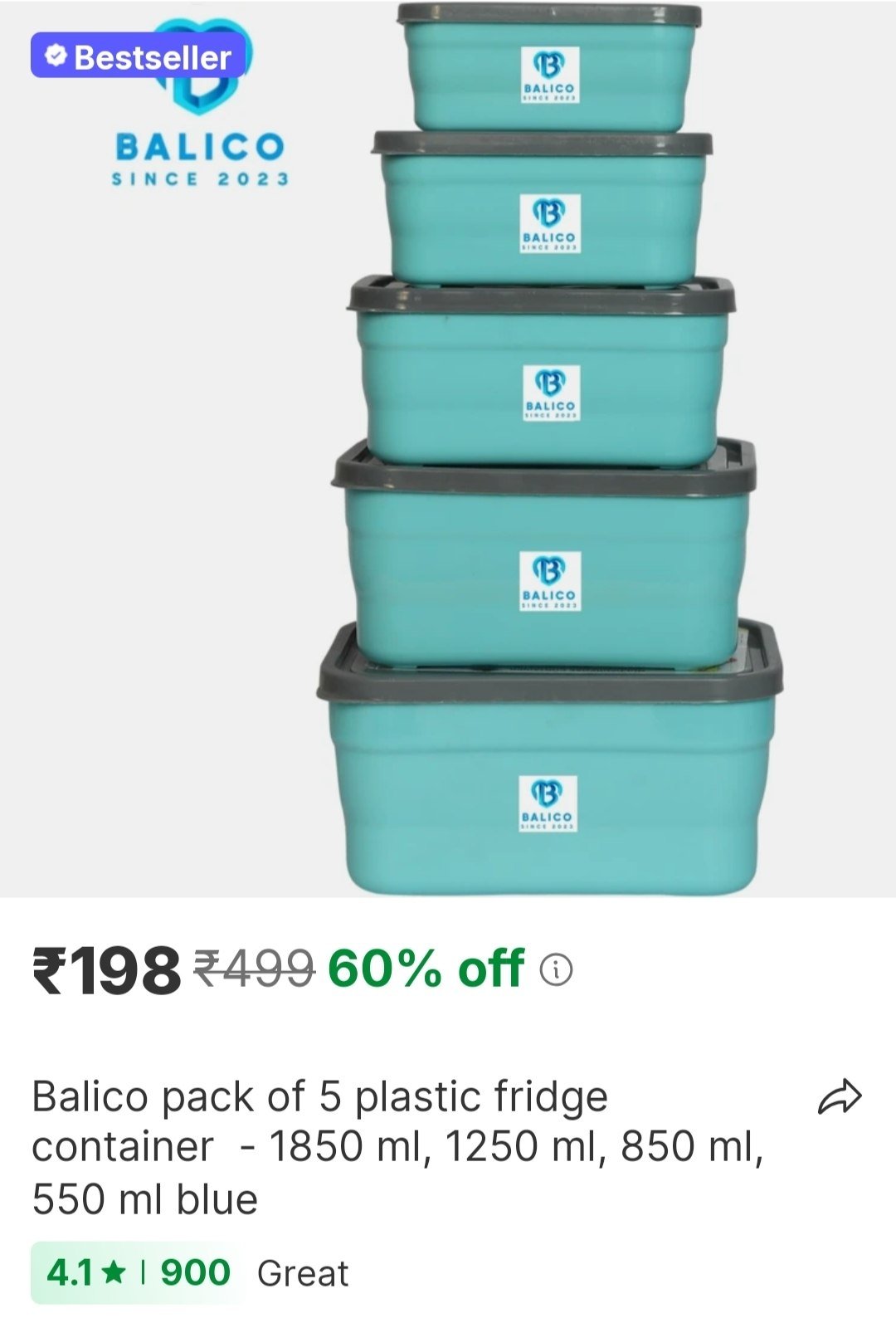 balico Pack of 5 Plastic Fridge Container  - 1850 ml, 1250 ml, 850 ml, 550 ml Blue Price in India - Buy balico Pack of 5 Plastic Fridge Container  - 1850 ml, 1250 ml, 850 ml, 550 ml Blue online at Sho