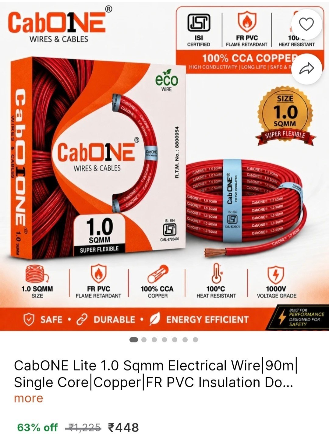 CabONE Lite 1.0 Sqmm Electrical Wire|90m|Single Core|Copper|FR PVC Insulation Domestic 1 sq/mm Red 300 ft. Wire Price in India - Buy CabONE Lite 1.0 Sqmm Electrical Wire|90m|Single Core|Copper|FR PVC 