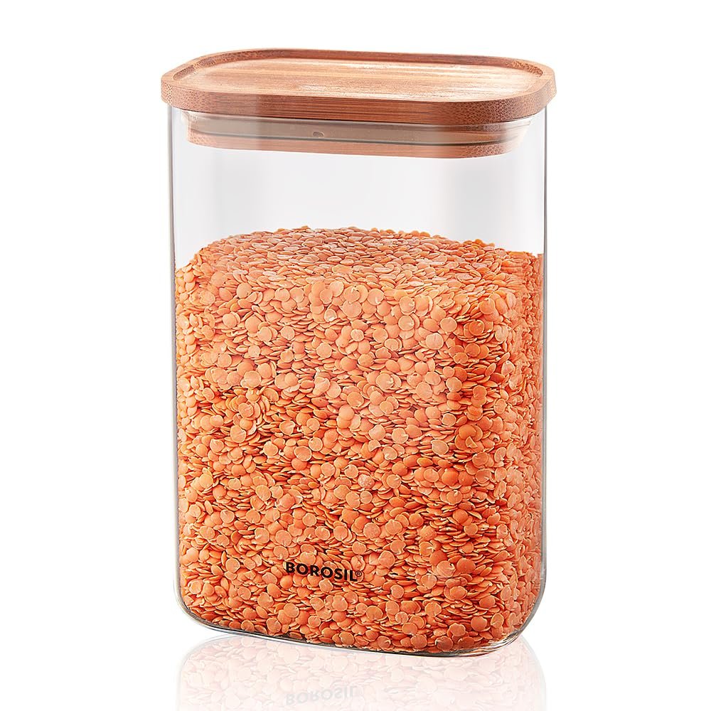 Borosil 1.3L Storage Jar Set with Bamboo Lid | Made in India Borosilicate Glass Dishwasher Safe Container for Kitchen | Multipurpose Kitchen Organizer for Cookie & Dals
