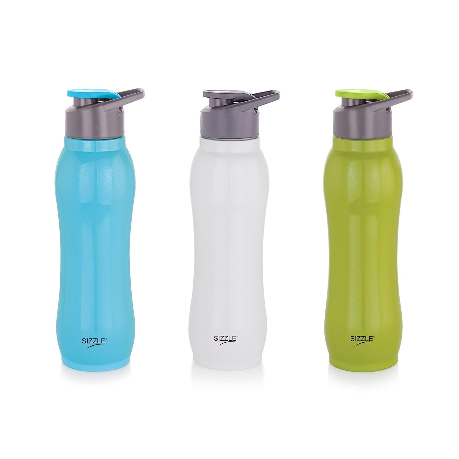 Sizzle Sports Stainless Steel Water Bottle 750 ML – Lightweight Leakproof Water Bottle with Flip Lid | Blue, Green, White - PACK OF 3