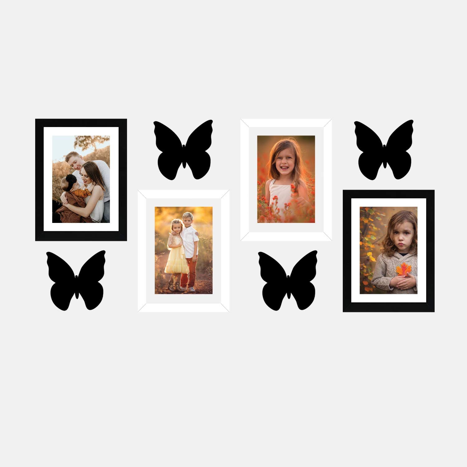 Amazon Brand - Solimo Set of 4 Black & White Photo Frames With Mount Paper (6 X 8 Inch - 2 Pcs Black & 2 Pc White) & Butterfly Plaques