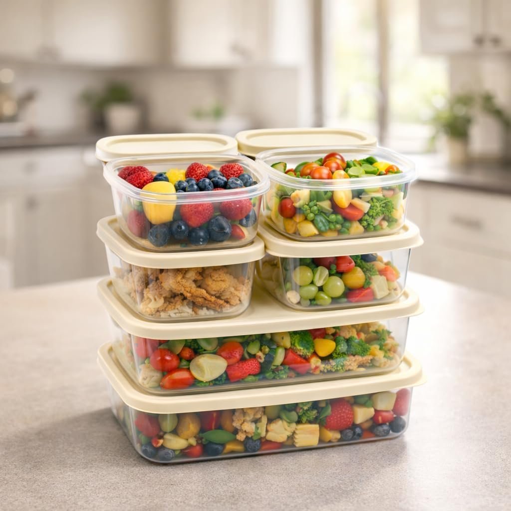 Vasukie Fridge Storage Containers, Fridge Storage Box Kitchen Containers Keep Fruits Vegetables Fresher, Leakproof, Stackable, Clear Kitchen Storage Containers (Pack of 8)