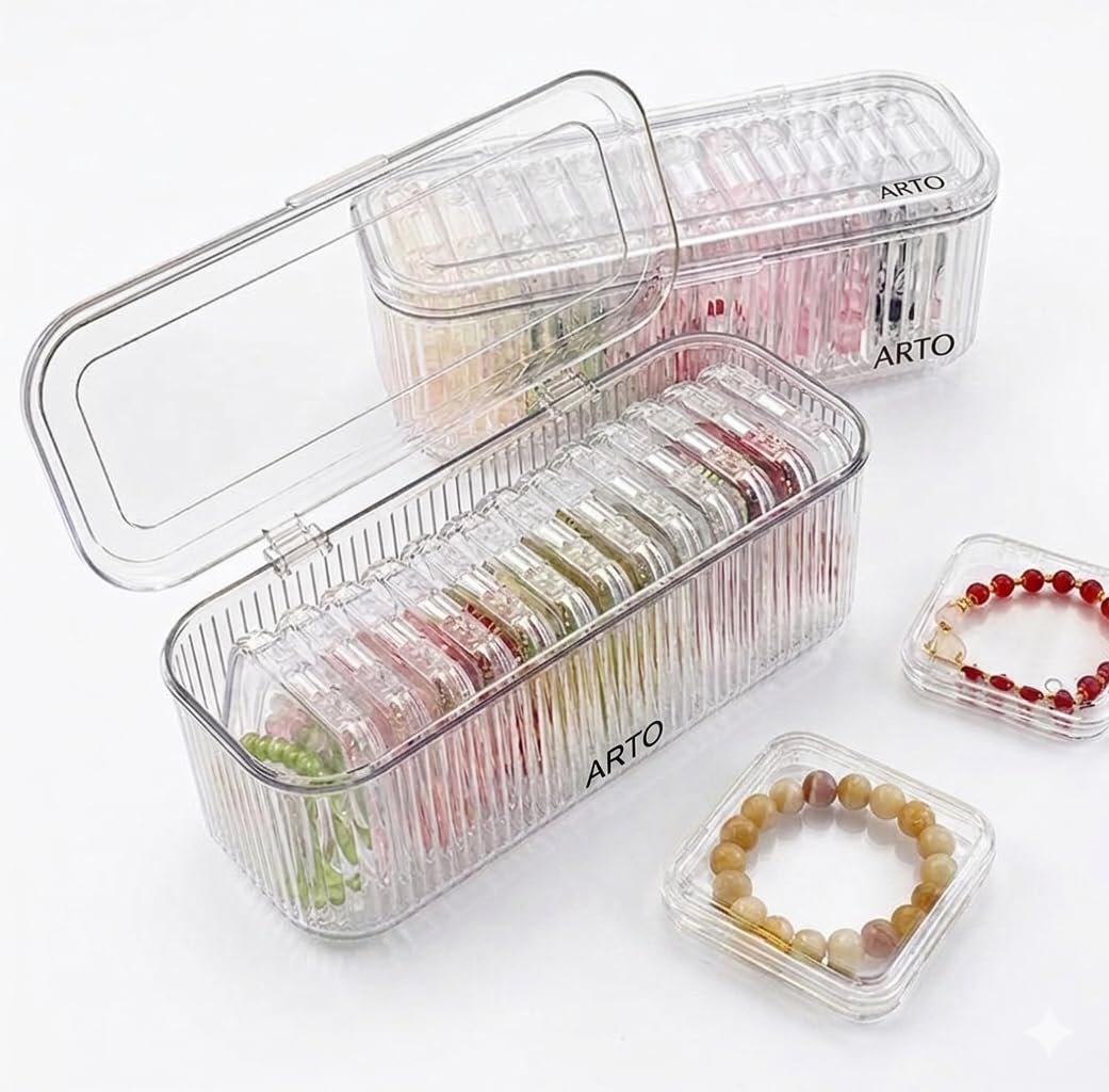 Arto 11 Piece Crystal Clear Ribbed Storage Box Set with Flip Lid - Transparent Dustproof Acrylic Organizer for Makeup Brushes Jewelry Bracelets Beads | Large + 10 Small Square Boxes