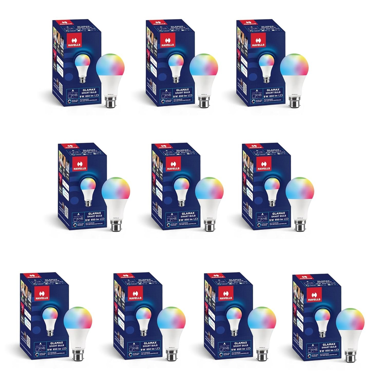 Havells Glamax 9W B22 WiFi LED Smart Bulb with Music Sync Function, Compatible with Amazon Alexa and Google Assistant (16M Colours) (Pack of 10)