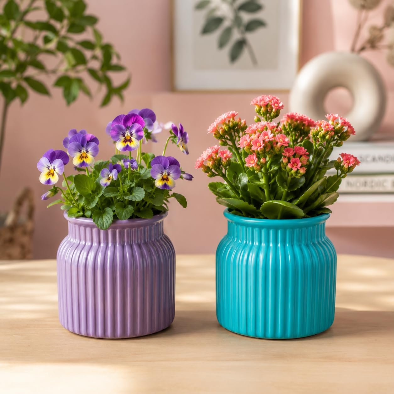 Xtore® 2Pc Charming Ribbed Plastic Planter Pots Set for Indoor Plants & Tabletop Décor | Compact Decorative Flower Pots for Home, Office, Balcony & Shelf Styling (Purple & Blue - Planter O