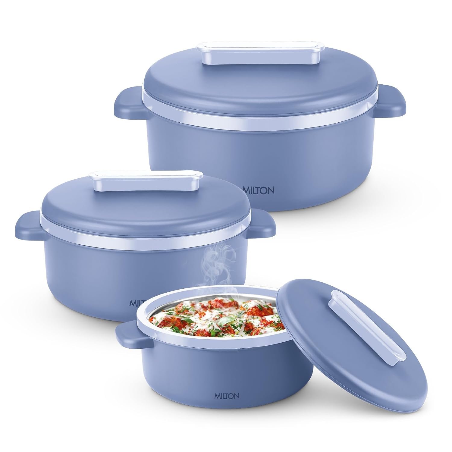 MILTON Micronova Jr. Gift Set Inner Stainless Steel Casserole, Set of 3 (380 ml, 775 ml, 1345 ml), Light Blue, BPA Free, Food Grade, Hot and Cold, Microwaverable Steel, Dishwasher Safe, Chapati, Roti