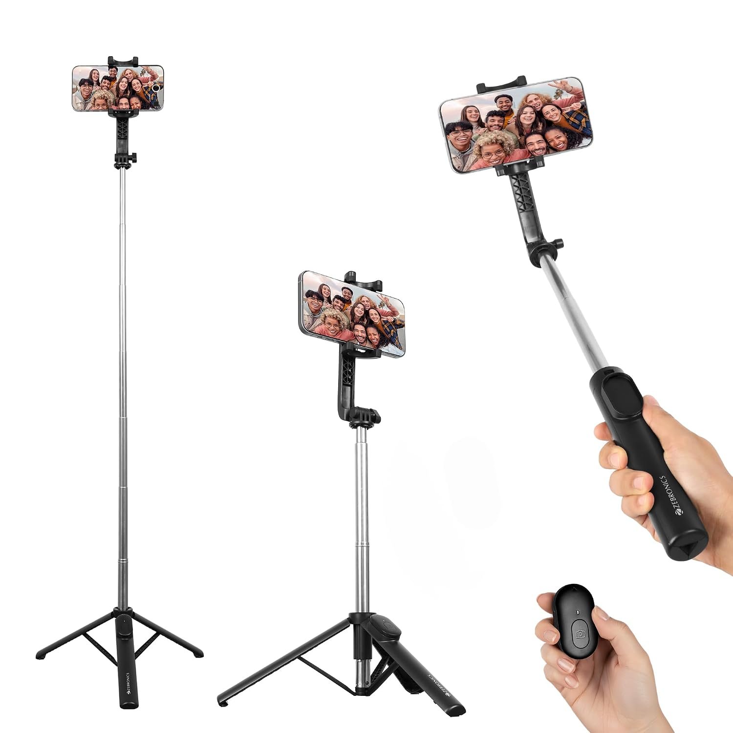 Zebronics Moments 100 Extendable Selfie Stick, Detachable Bluetooth Shutter Button for Compatible with Android & iPhones, Tripod Stand, 360° Rotation, 180° Angle Adjustment, Upto 17.5cm Screen Siz