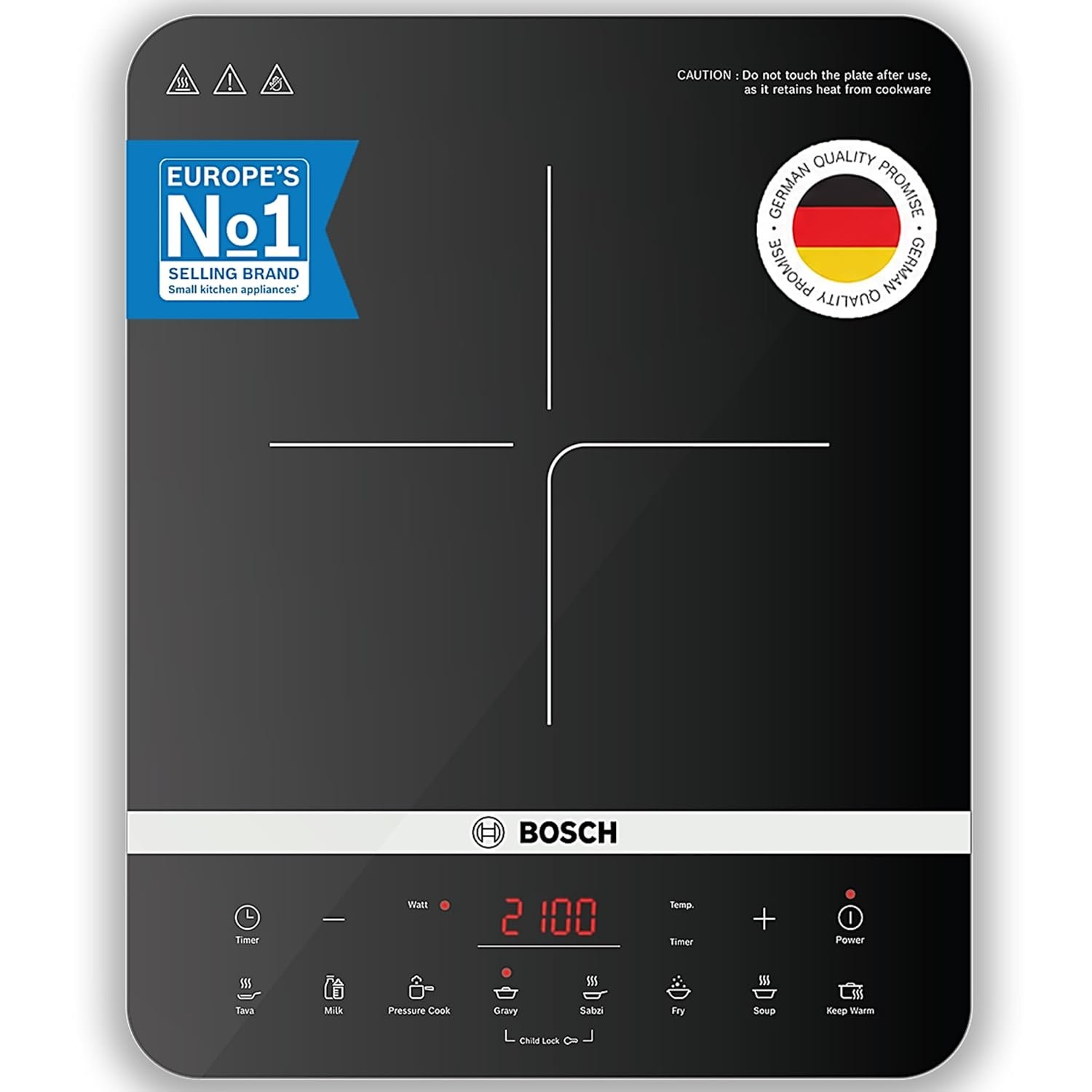 Bosch TrueSafe 2100W UltraSleek Induction Cooktop |Touch Panel (PI815S11EI) | Variable Temperature Control | Superior 6KV Surge Protection | 8 Preset Menus & Timer | 3 Year Coil Warranty | Child L