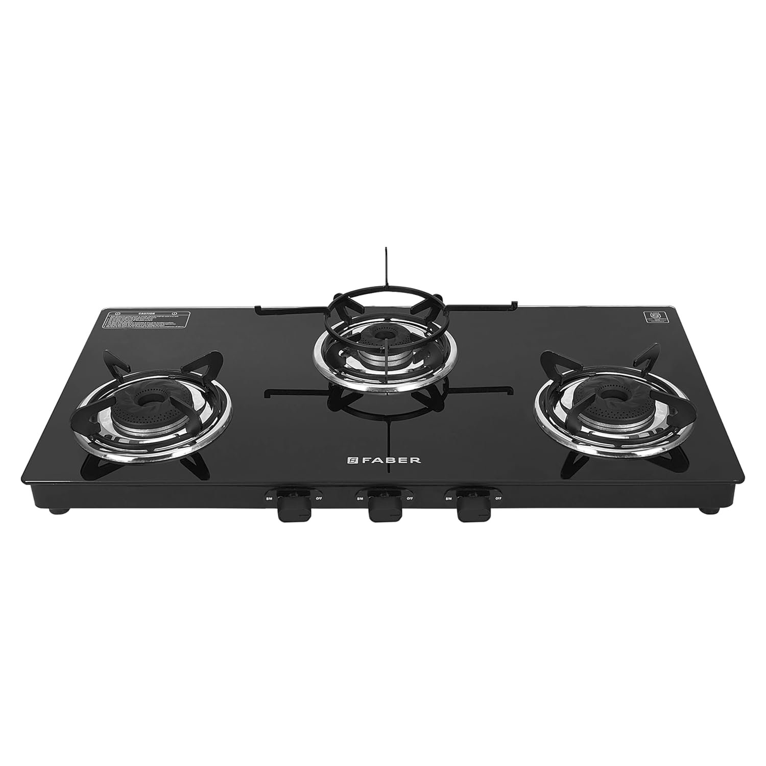 Faber Phoenix 3 Burner Cooktop | Black Glass Finish | Double Drip Tray | ABS Knobs | Pan Support |5 Yr Warranty on Burner & 2Yrs Comprehensive | Phoenix 3BA BK