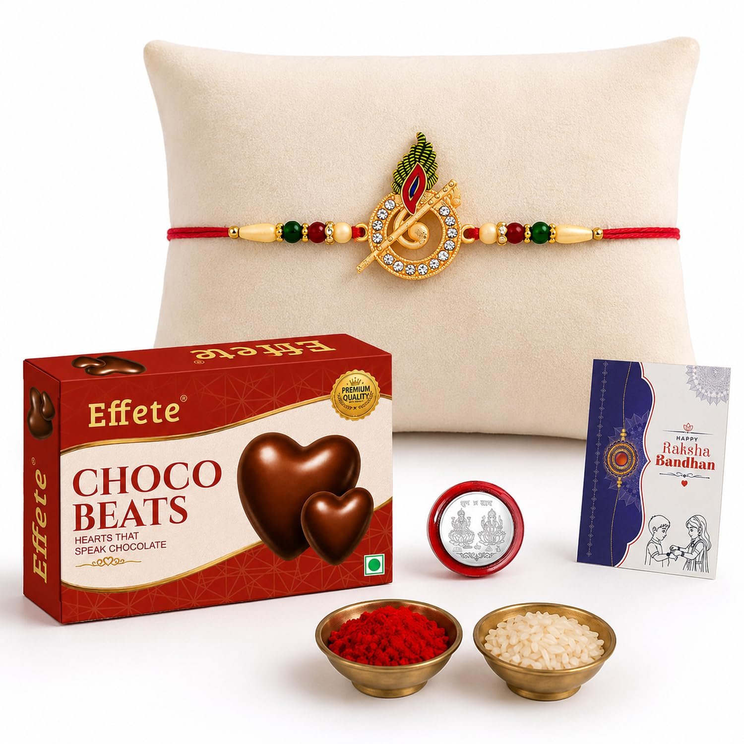Oblivion Designer Murli Flute Rakhi for Brother with Choco Beats Chocolate 32gm, Pooja Coin, Roli Chawal & Card | Rakhi with Chocolate Combo for Raksha Bandhan