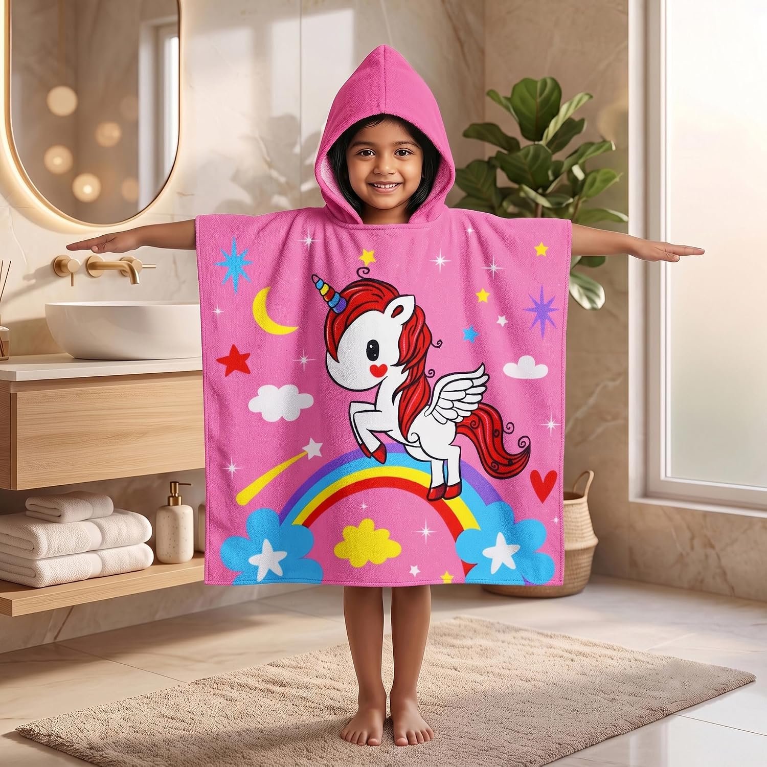 Kids Poncho Towel 120x60 CM, Unicorn Rainbow, Pink & Multicolor | Soft Lightweight Hooded Poncho Towel for Girls, Quick Dry Microfiber Fabric, Ideal for Bath, Beach & Pool Use