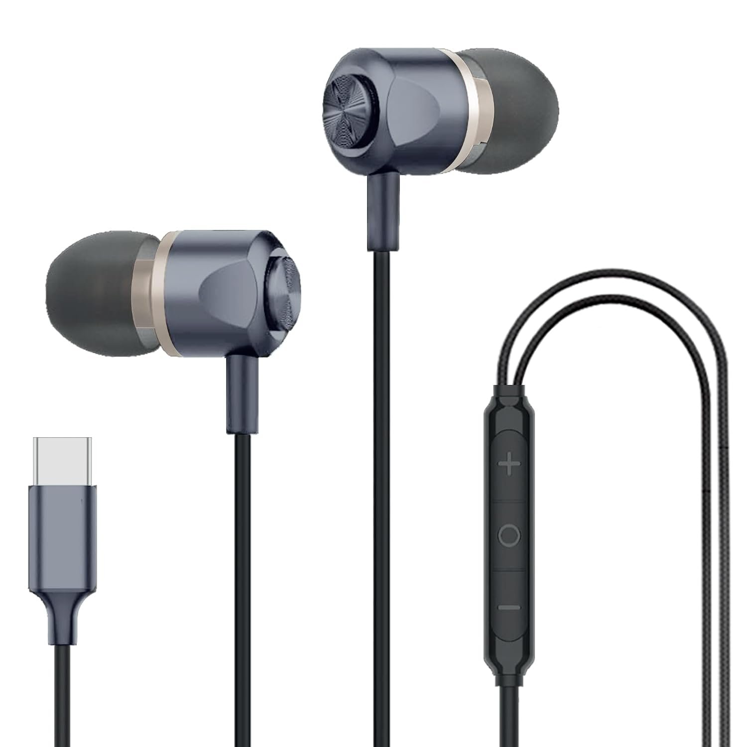 Kratos Tune V7 C Type Earphones Wired, Deep Bass Drivers Earphone, Inline Control Type c Headphones with Mic, Comfort Fit Type c Earphone with Volume Control,Metallic C pin Earphones (Grey)