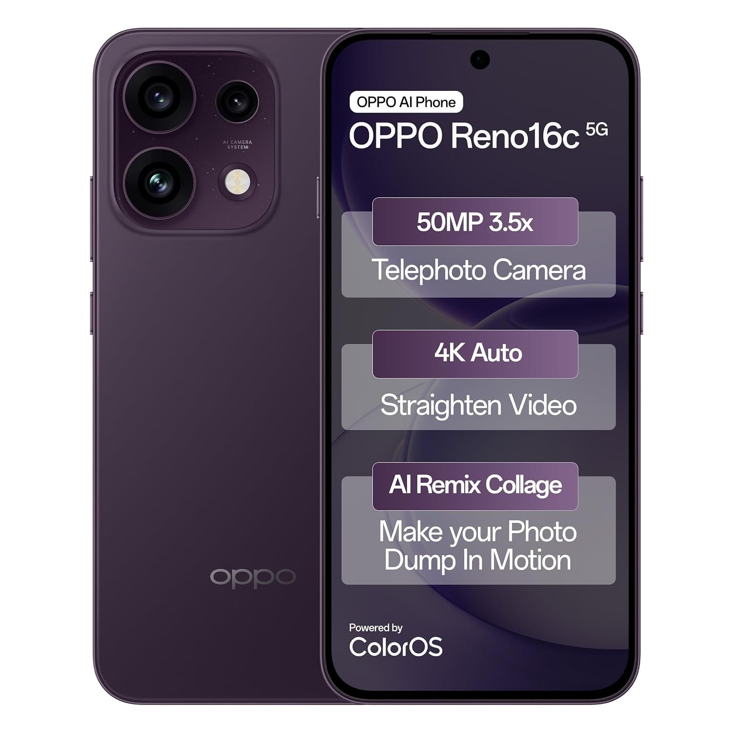 Oppo Reno16c 5G (Twilight Violet, 12GB, 256GB) | 50MP 3.5X Telephoto Camera | 4K Video | AI Remix Collage | 7000mAh 80W SUPERVOOC | ColorOS 16 | IP69K | Dimensity 7300