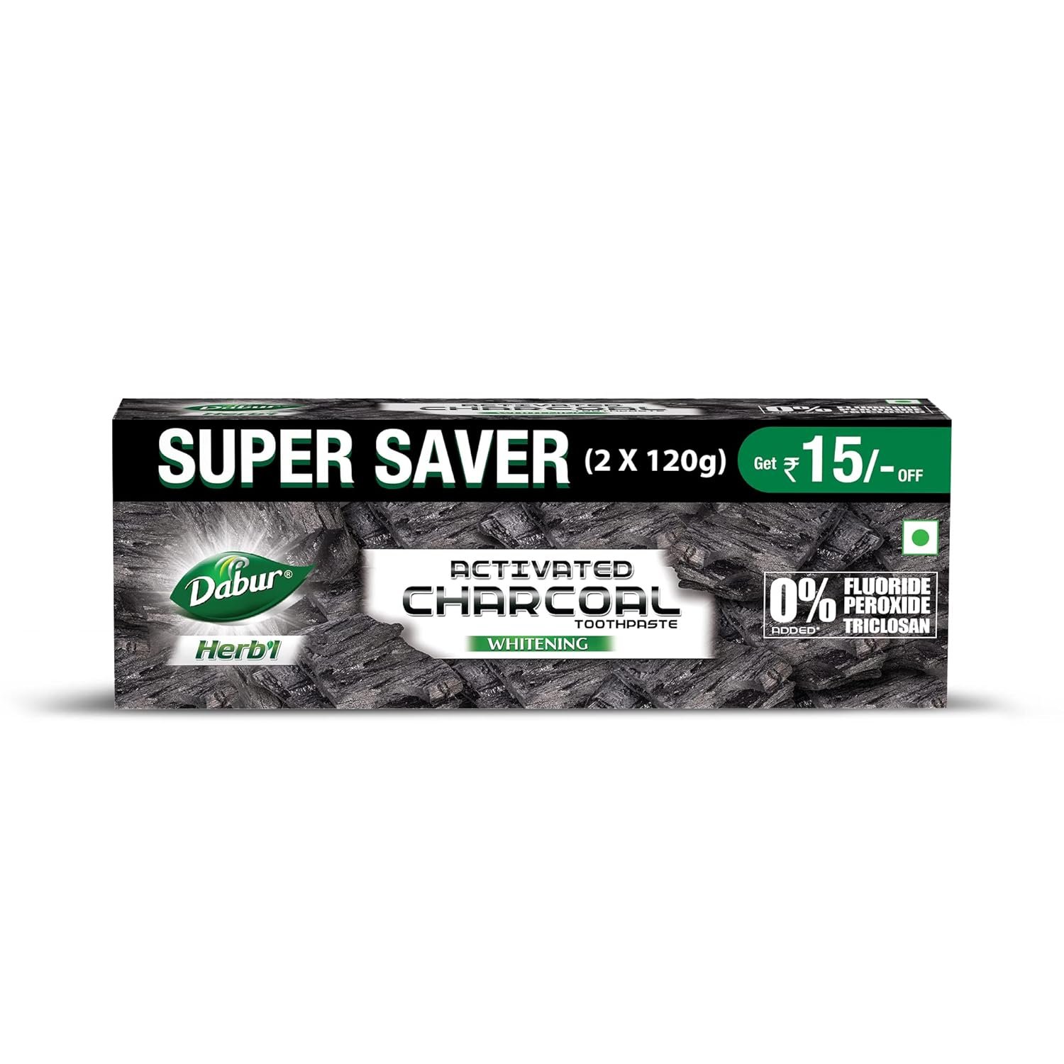 DABUR Herb'L Activated Charcoal Toothpaste 240G (120G x2, Pack of 2) | Whitening Black Gel Toothpaste | Fluoride Free | Fights Plaque & Extrinsic Stains | With Power of Mint | Cool & Refre