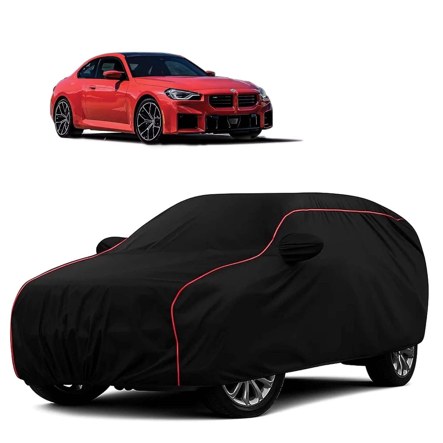 Sulfar 100% Water Resistant Car Body Cover Compatible with Mirror for BMW M2 (Triple Stitched, Full Bottom Elastic, Black with Red Piping)
