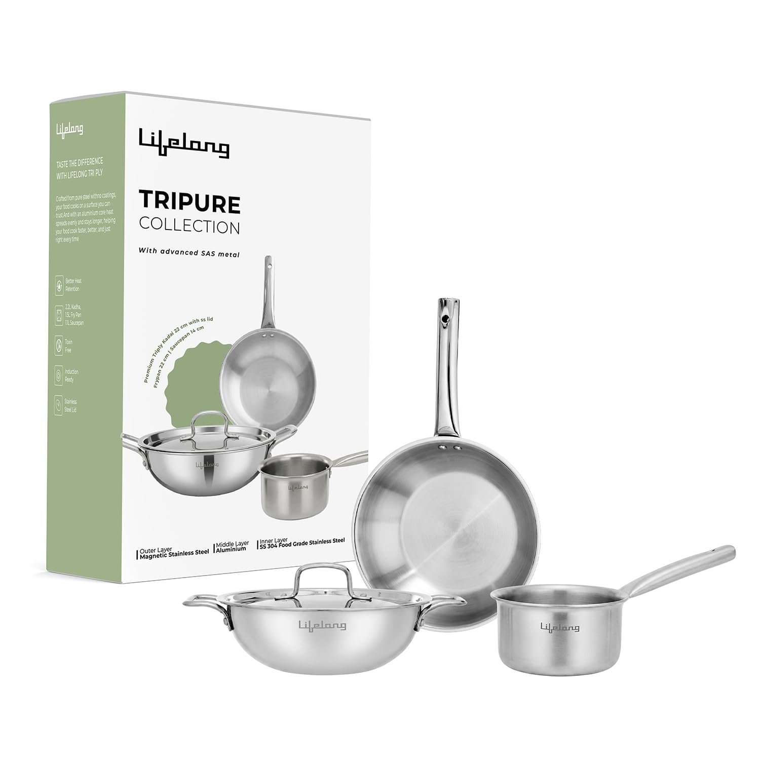 Lifelong Triply 4-piece cookware Set|Kadai,Frypan & Saucepan|Stainless Steel 22 cm Kadai & Fry Pan22 cm with Stainless Steel Lid|16 cm Sauce Pan|Induction Bottom & Gas Stove Cookware(Silve