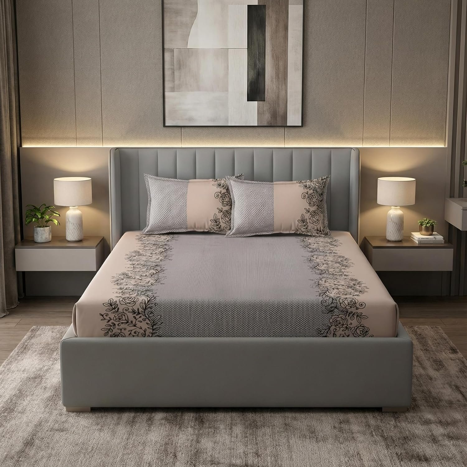 250TC Super Soft Cotton Breathable and Wrinkle Free Elastic Fitted Printed Double Bedsheet with 2 Pillow Covers (6x6.5 feet upto10 Inches) Mattress Pack of 1 Black Beige Flower